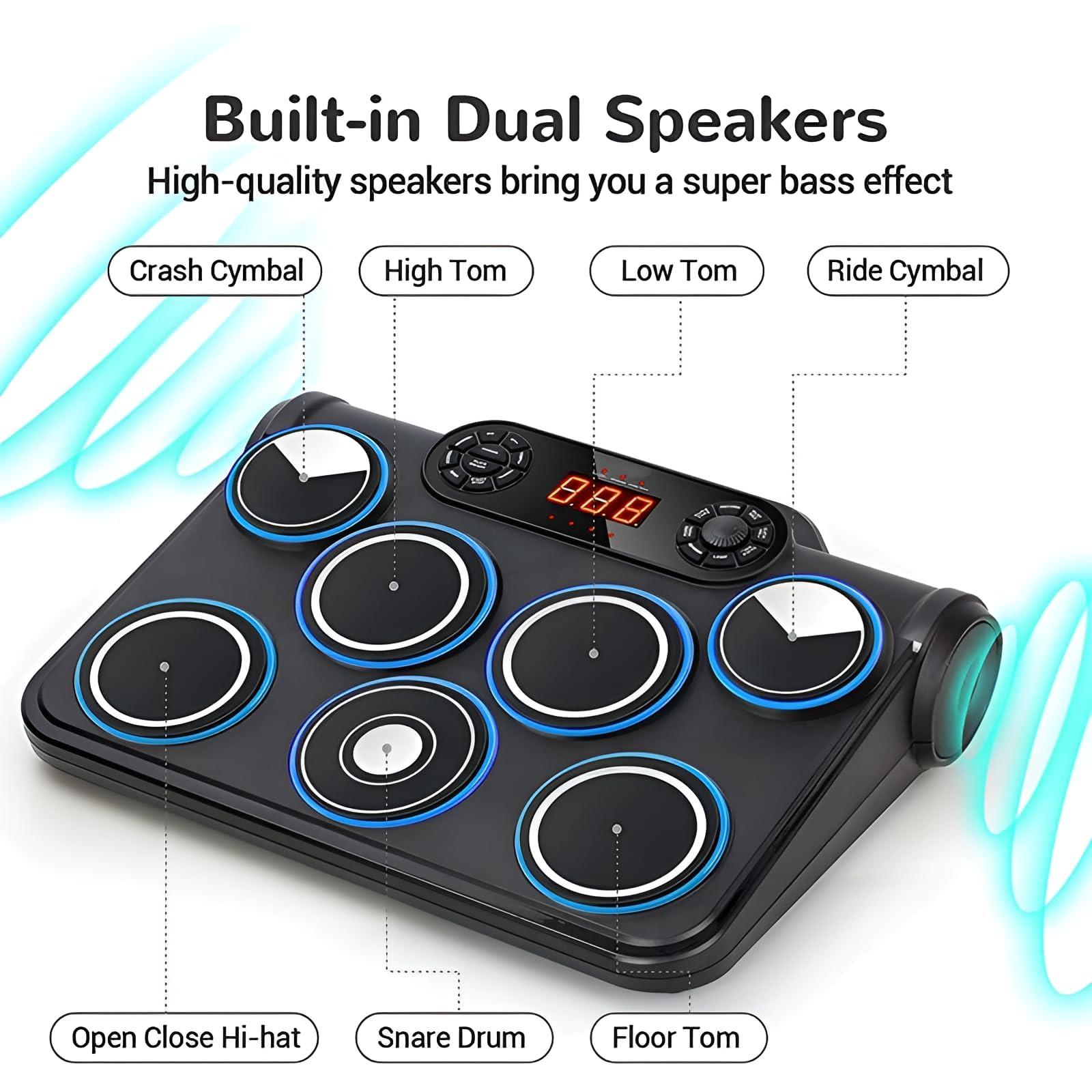 Kit di batteria elettronica portatile, set di batteria digitale avvolgibile con 7 pad con pedali, altoparlanti integrati, display a LED, supporto BT/PC/MIDI per principianti e pratica