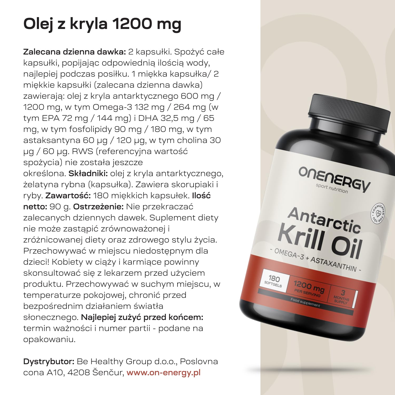 Olej z kryla 1200 mg - Omega-3, cholina i astaksantyna - 180 kapsułek - Olej z kryla antarktycznego - Funkcjonowanie serca i wątroby - Wspomaganie metabolizmu tłuszczów - Bez glutenu i laktoz