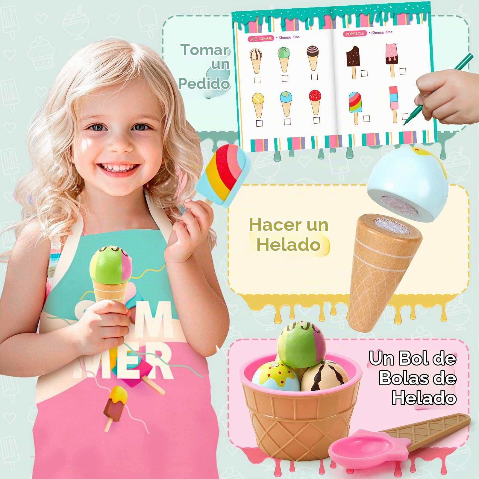 Heladeria Juguete, Cocina Juguete, Comiditas de Juguete, Juguetes Montessori de Madera Juego Educativo de Matemáticas y Lógica, Regalo para Niños Niñas 3 4 5 6 Anos