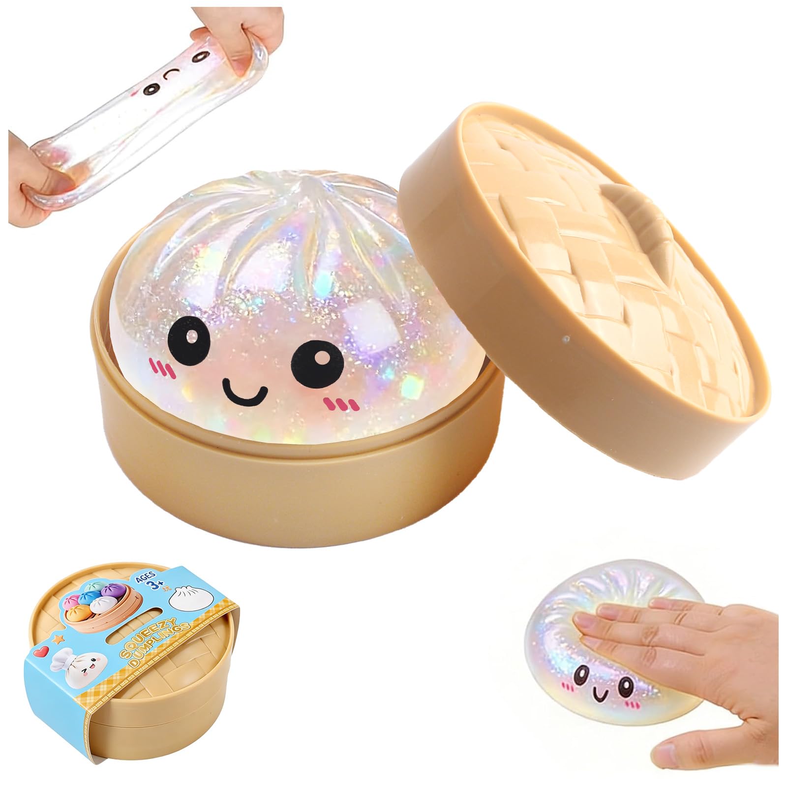 Giant Glitter Dumpling Squishy Giant Mystery Dumpling Squishy Toys with Steamer,Glitter Stress Relief Sensory Fidget Toy Stress Balls Soft Squeeze Decompression Dough Toy for Kids Adult (Silver)