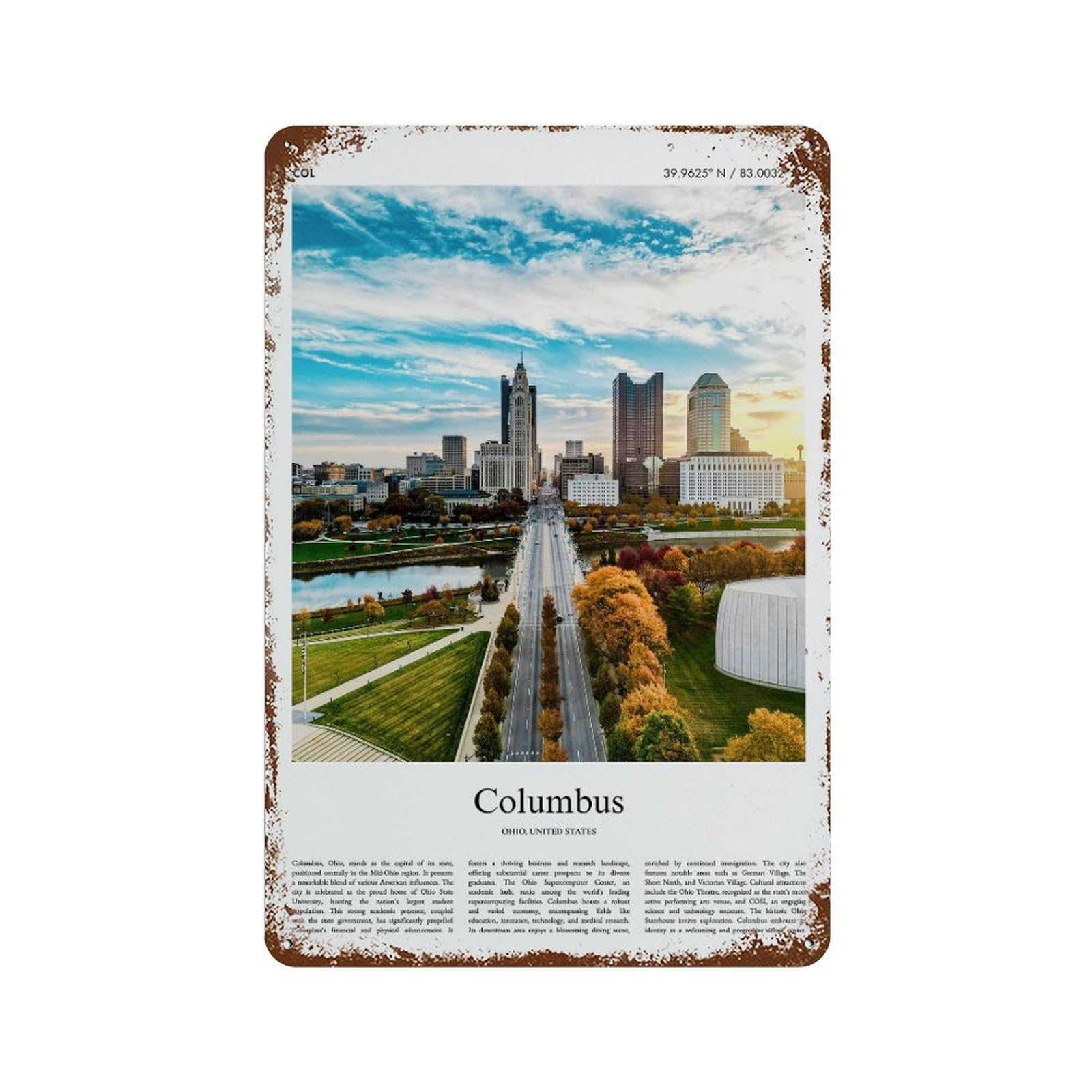 xiaoxiaoshen Columbus Ohio, United States, USA City Scenery Wall Decor Art Metal Tin Poster Modern Home Decor Art Home Bar Shop Decorations Vintage Sign 30x20cm