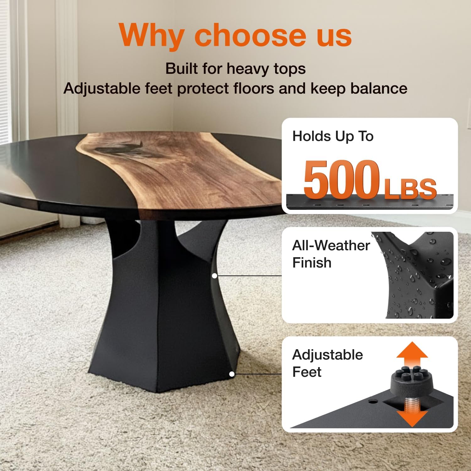 Flowyline 16" H 106B Namu Handcrafted Black Metal Table Legs and Bases for Coffee Tables | Steel Table Base | Rust-Resistant, Adjustable Furniture Legs | DIY Mid-Century Modern Indoor/Outdoor