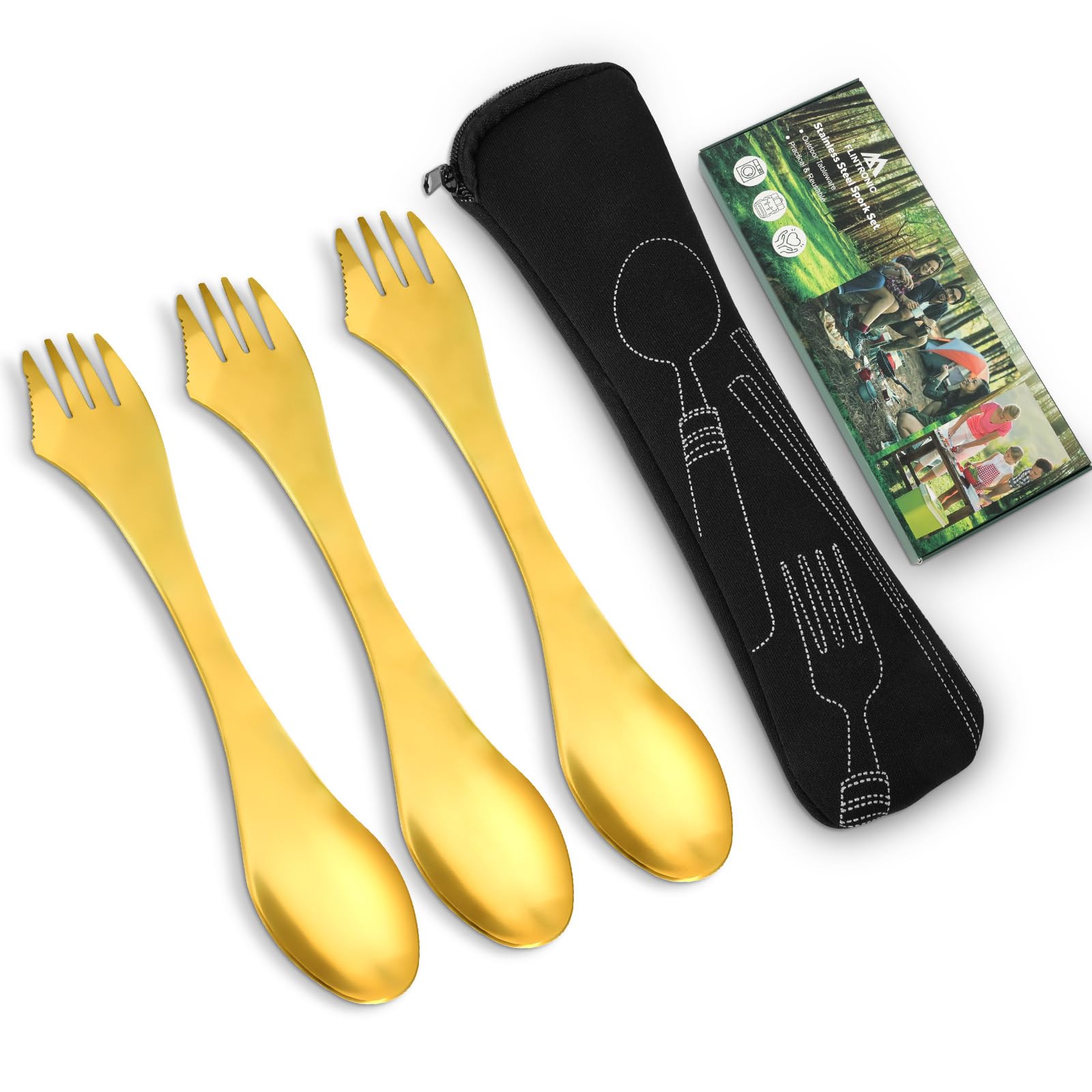 Flintronic 3 Piece Camping Cutlery, 3 in 1 Stainless Steel Flatware Set with Bag, for Travel Outdoor Picnic Office School