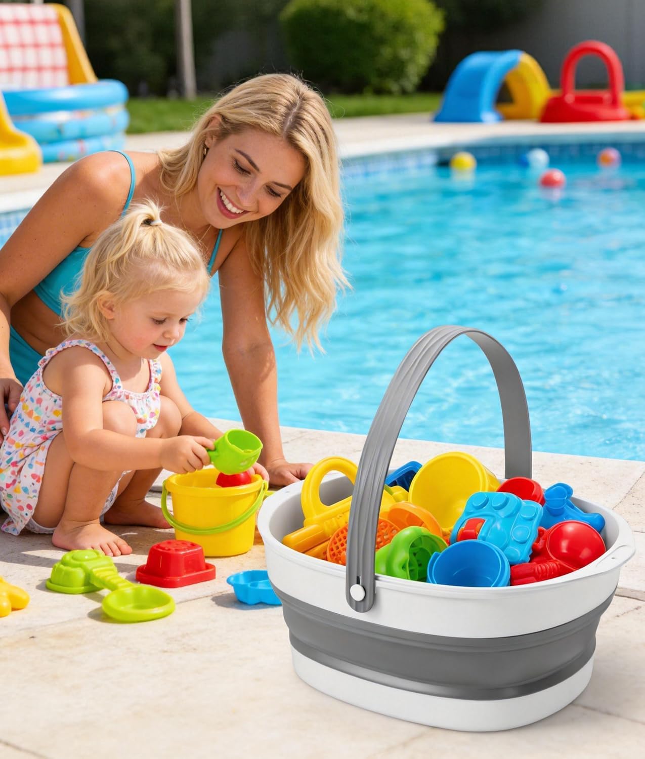 WADEO Large Bath Toy Storage Basket, 2-in-1 Foldable Bathtub Toy Holder, Removable Quick Dry Bathroom Pool Toys Organizer