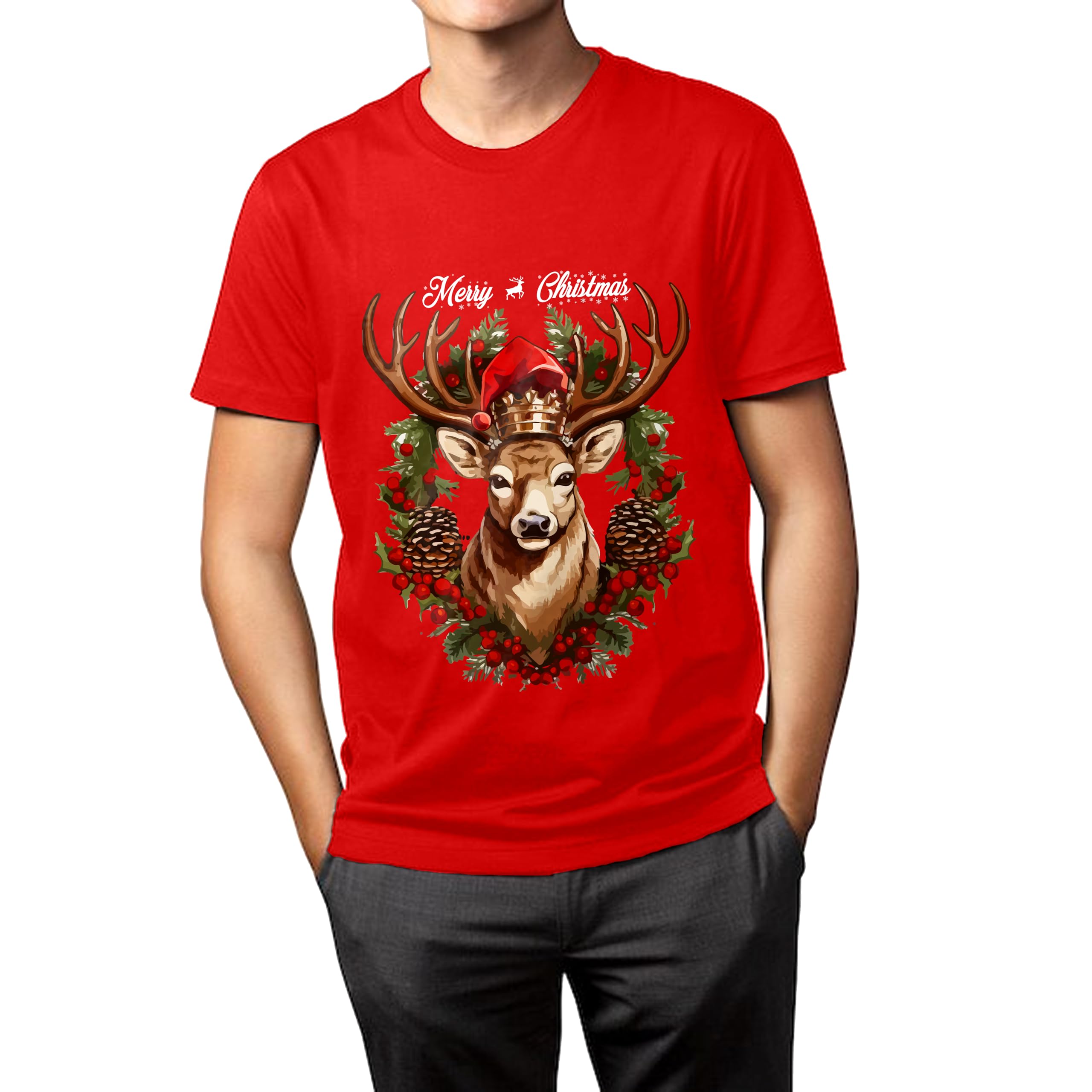 Christmas Red T-Shirt for Mens Merry Chritmas Printed, Reindeer