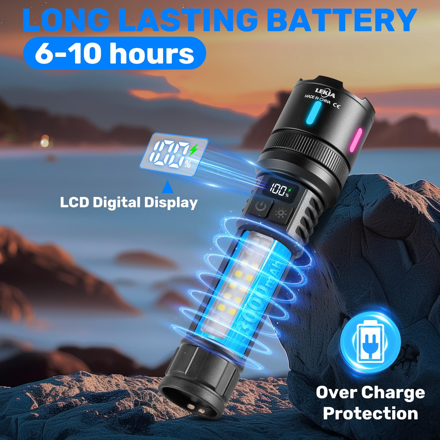 LEKIA Lampe Torches Ultra Puissante 100000LM, Rechargeables USB-C Lampe de Poche LED Simples Modes/7 Modes, Batterie 3000mAh Longue Durée 10 Heures, Idéales pour Camping, Randonnée, Lot de 2