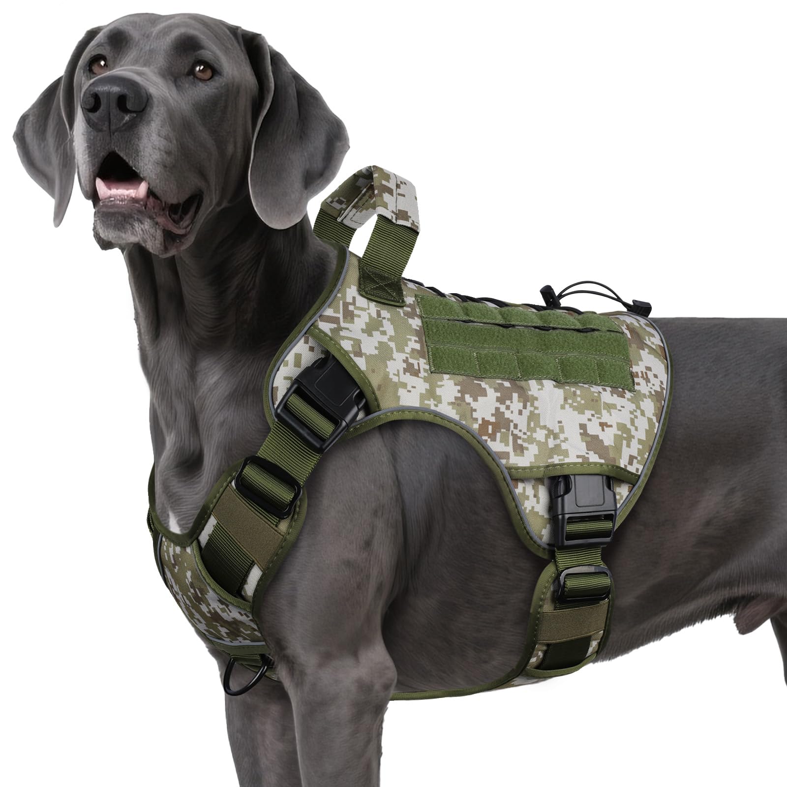 WINGOIN Pettorina tattica per cani di taglia extra grande, resistente, anti-tiro, con manico, regolabile, riflettente, militare, K9, per cani di grossa taglia, per alani, passeggiate, caccia, verde