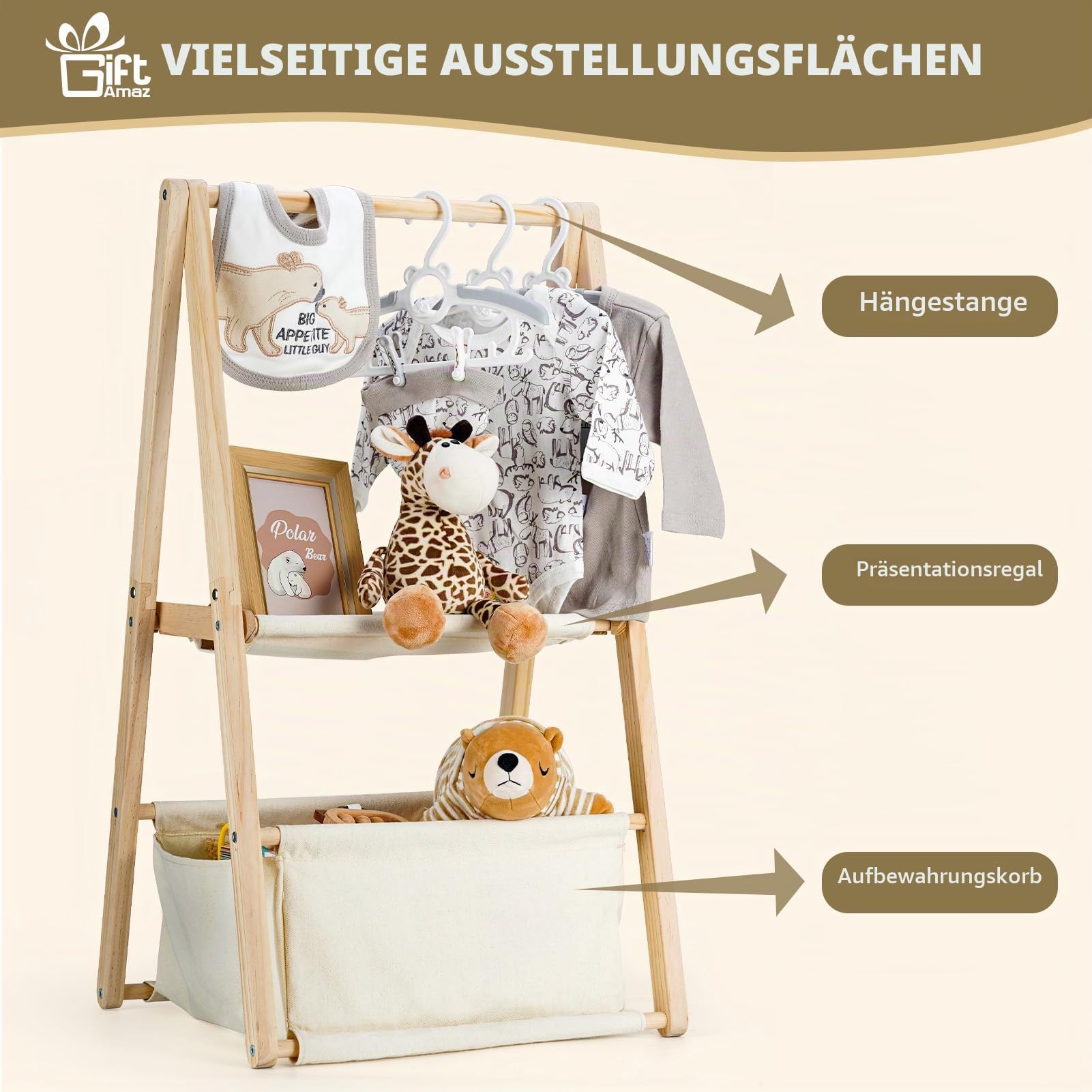 GiftAmaz Holz Babykorb für Babyparty, Zweistöckiger geschenkkorb baby, Baby Aufbewahrungskiste aus Holz mit Kleiderbügeln, Baby Shower Deko Baby Geschenk zur Geburt für werdende Eltern