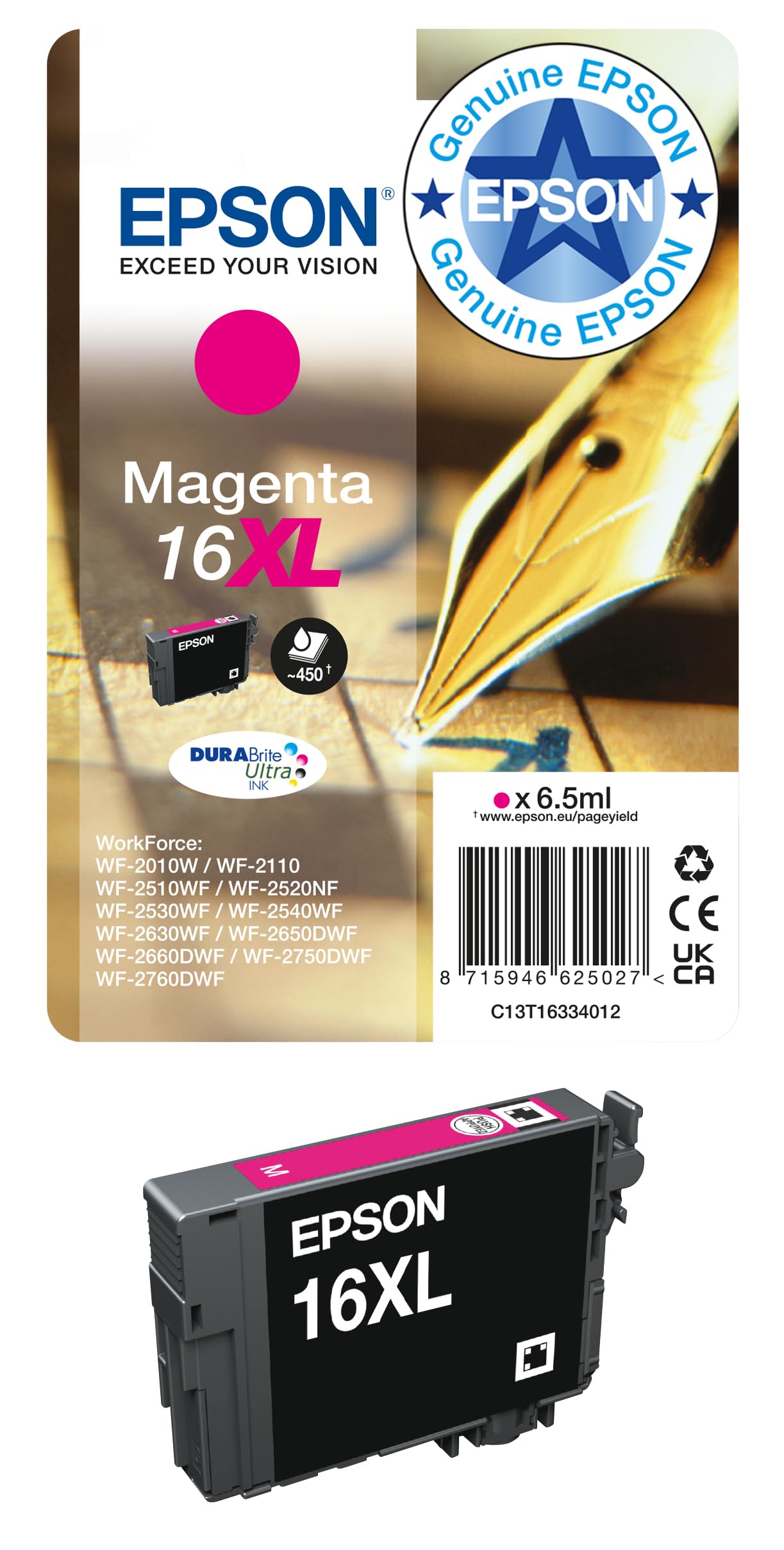 Genuine Epson 16XL Pen Magenta Ink Cartridge WorkForce WF-2010W WF-2510WF, T1633