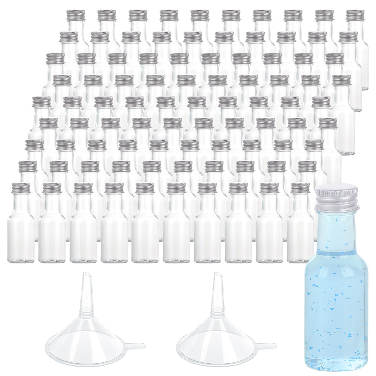 LOLYSIC 100Pcs 25ml Mini Plastic Bottles with Lids, Miniature Alcohol Bottles with Silver Screw Caps & Funnels, Empty Mini Liquor Bottle Reusable Spirit Shot Bottle for Wedding Party Favors