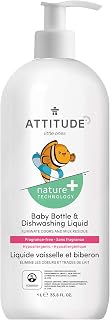 ATTITUDE Baby Dish Soap, Plant-Based Dish Liquid, Extra Gentle on Sensitive Skin, Tough on Milk Residue & Grease on Bottles, Fragrance Free, 33.8 Fl Oz