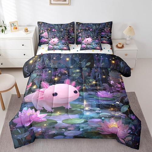 Kawaii Axolotl Bedding Cute Comforter, Lovely Sealife Newt Girls Bedding Sets Pu