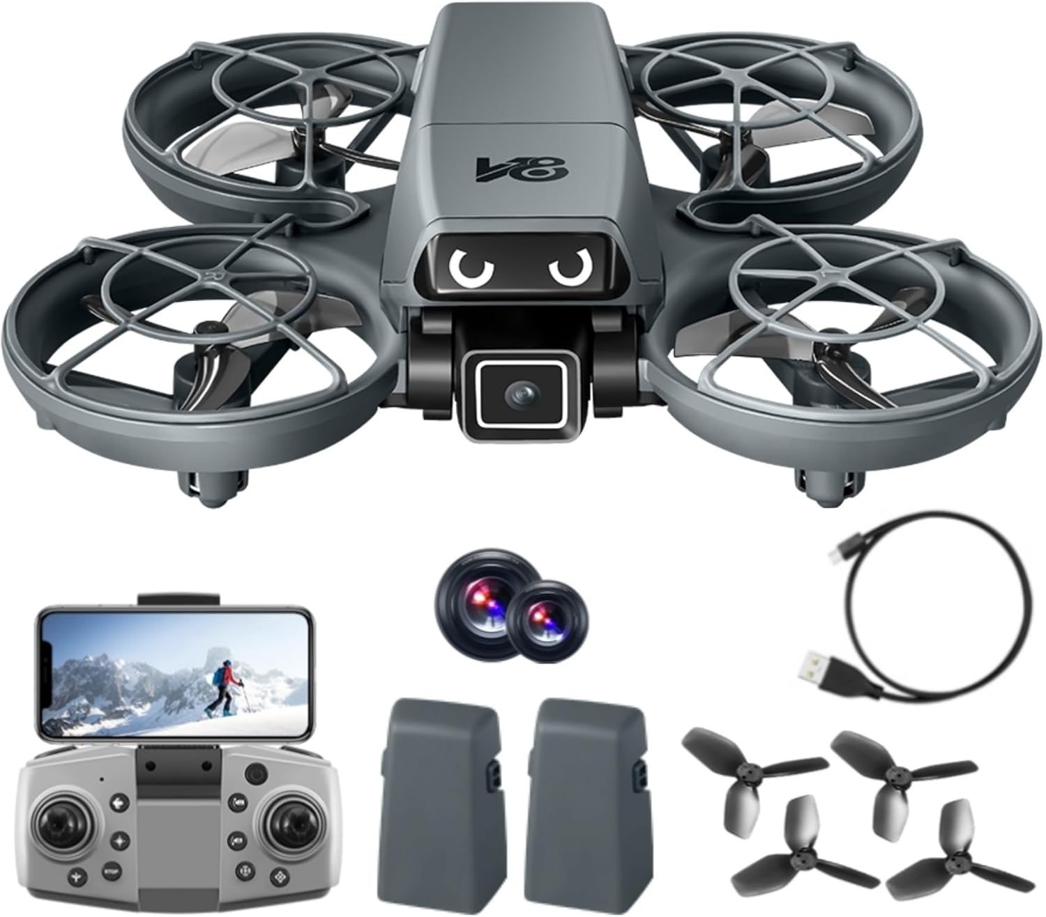 RC Small Drone with Dual Cameras, Light Eyes, All-Round Propeller Guard, Altitude Hold, One-Key Takeoff, 3D Flips, 2 Batteries, Intelligent Obstacle Avoidance, Remote Control Helicopter Airplane, Hovering, APP Control, LED Lights, for Beginners FPV Palm Takeoff Mini Quadcopter For Kids 8-12 (Black-Gray)