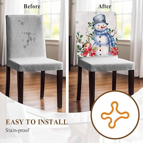 Miniatura 6 de Paquete de 4 fundas de respaldo de silla de Navidad con muñeco de nieve azul para sillas de comedor, fundas extraíbles lavables para silla de