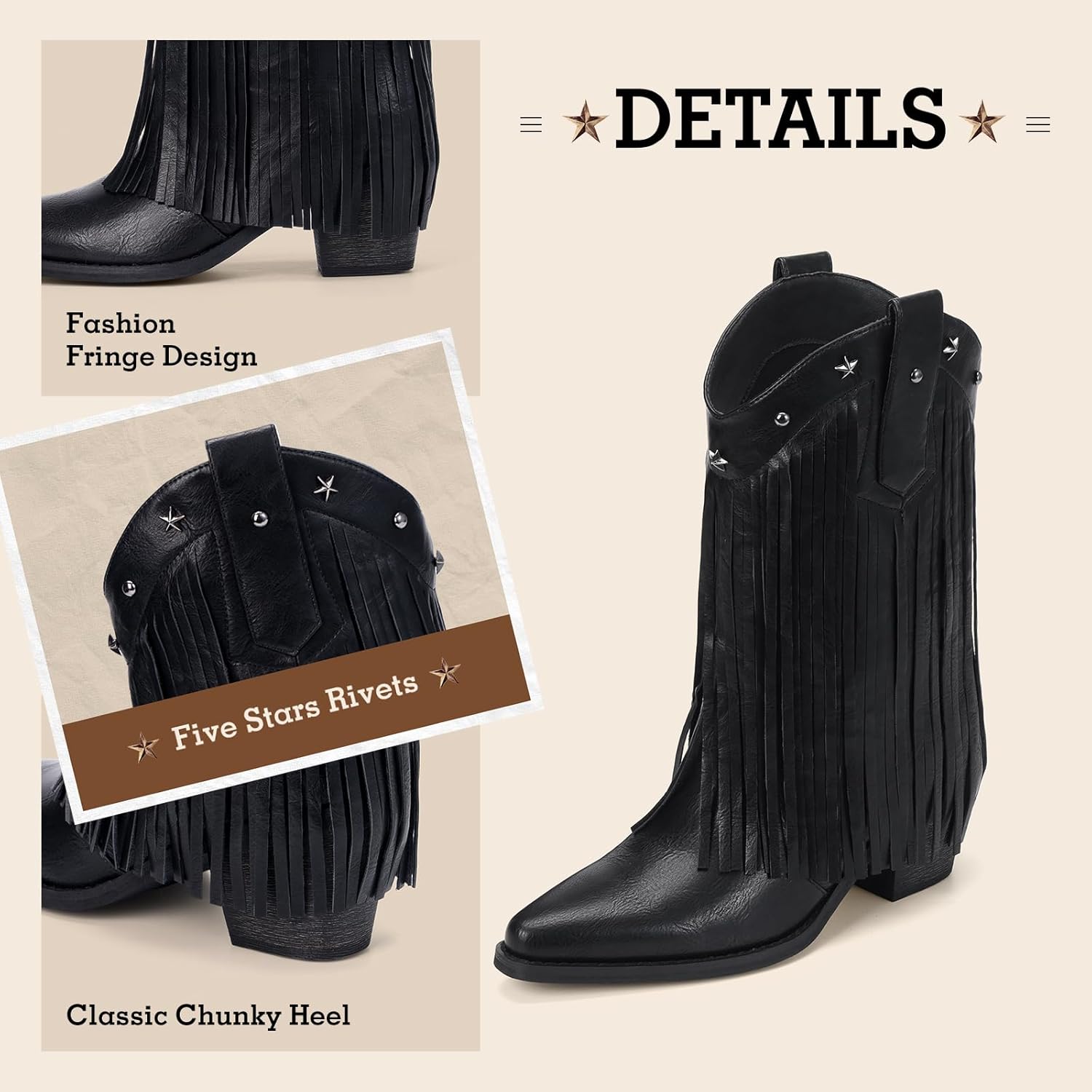 Fringe Cowboy Boots for Women – Mid Calf Cowgirl Boots with Star Studded, Pointed Toe and Chunky Heel, Perfect for Country Music Festivals - Image 4