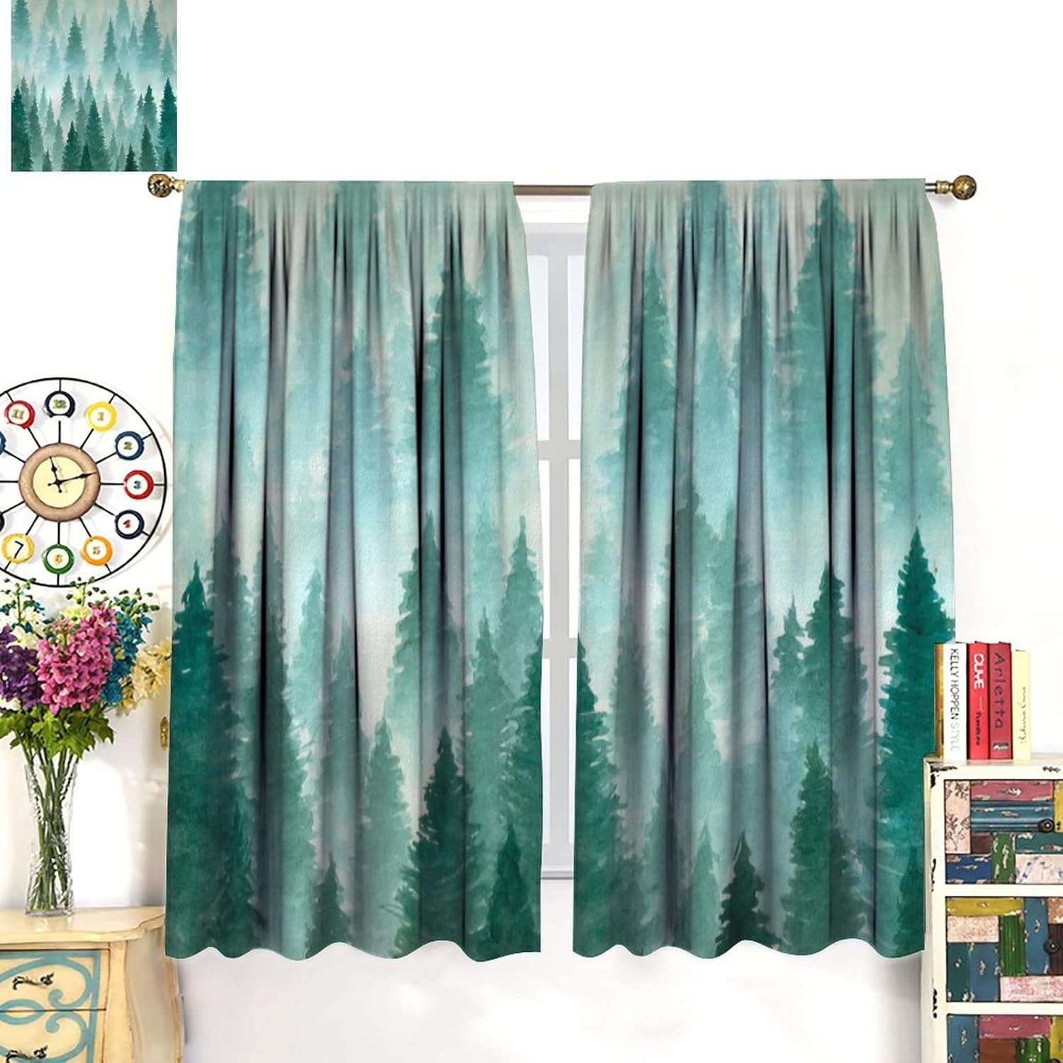 Rustic Scenery Curtains Green Forest Watercolor Trees Abstract Rod Pocket Blackout Window Drapes 2 Panels Set for Bedroom Living Room Decor 42x54in