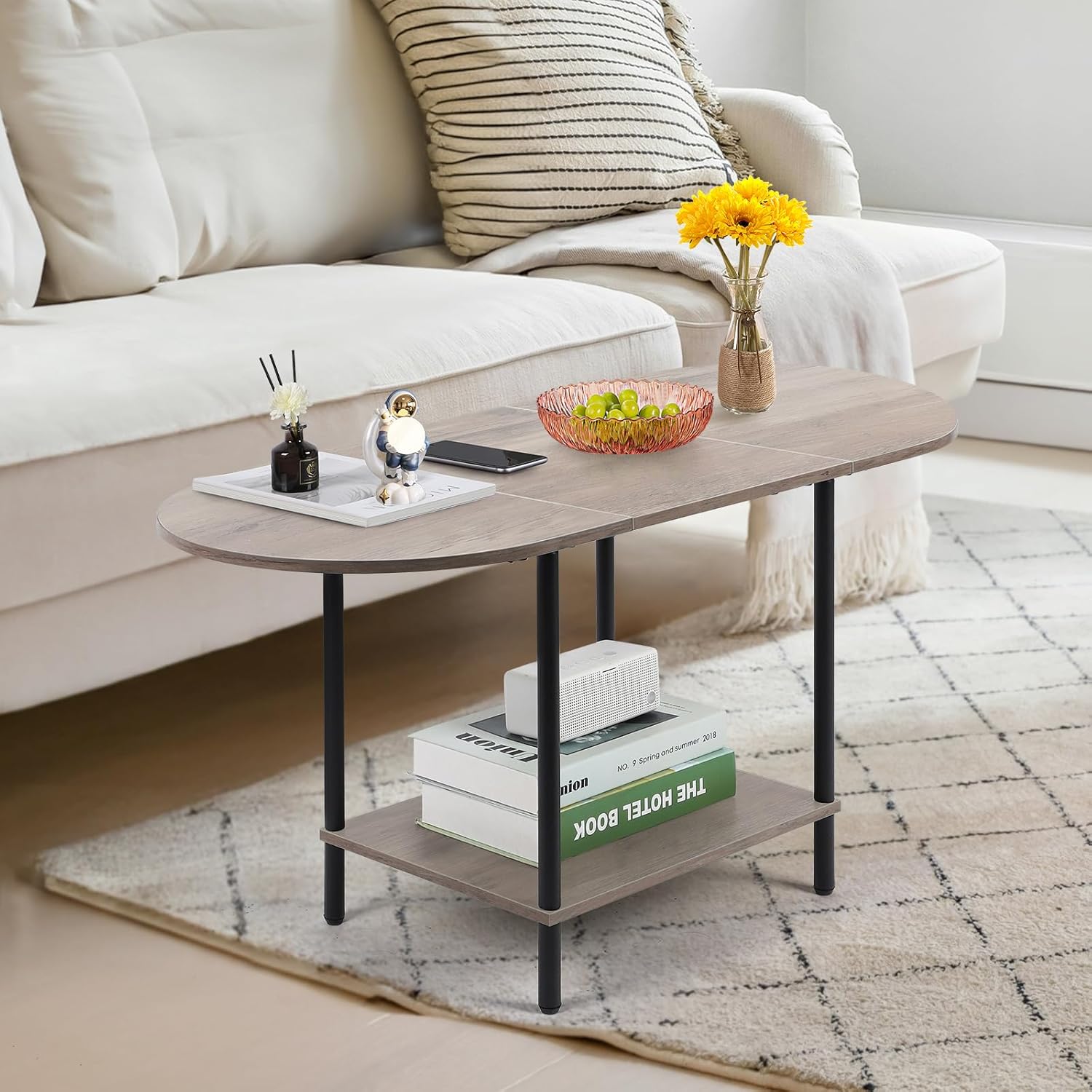 Shinoske Coffee Tables for Living Room,2-Tier Small Oval Center Table Industrial Modern Style Coffee Tables with Storage Shelf and Wood Tabletop for Small Space,Home Office,Rustic Grey