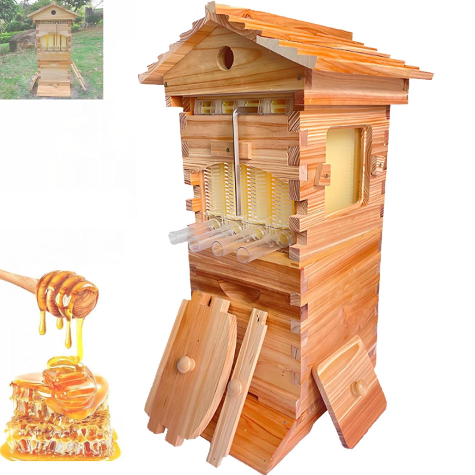 Kit de inicio automático de apicultura con ventana de observación y boquilla de miel, juego completo de colmena de madera para un manejo fácil y autofloreciente, ideal para principiantes