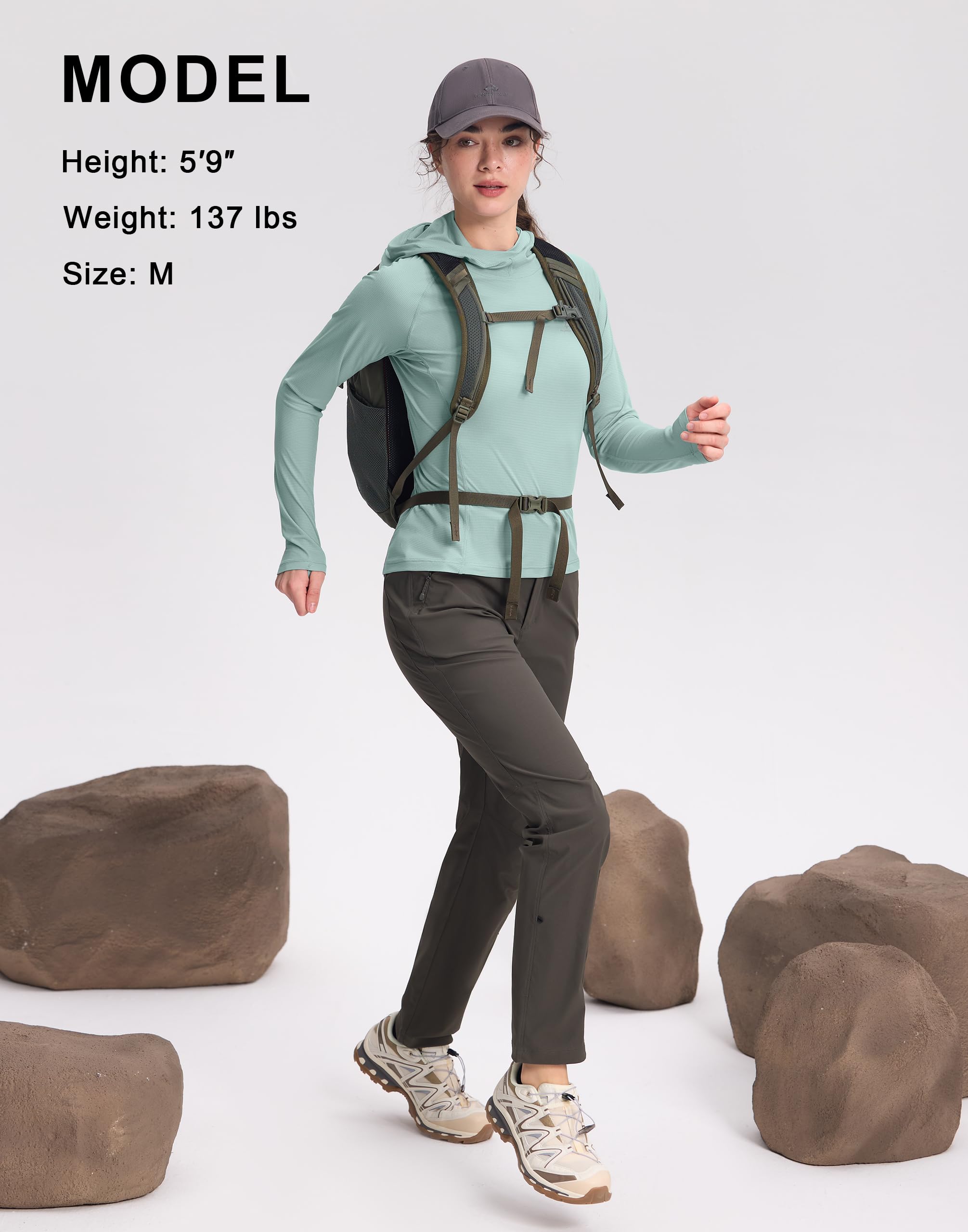 Pioneer Camp UPF23+ - Maglietta sportiva da donna con cappuccio, ultra leggera (90 g), ad asciugatura rapida e traspirante, a maniche lunghe, con fori per i pollici, per trekking, trekking