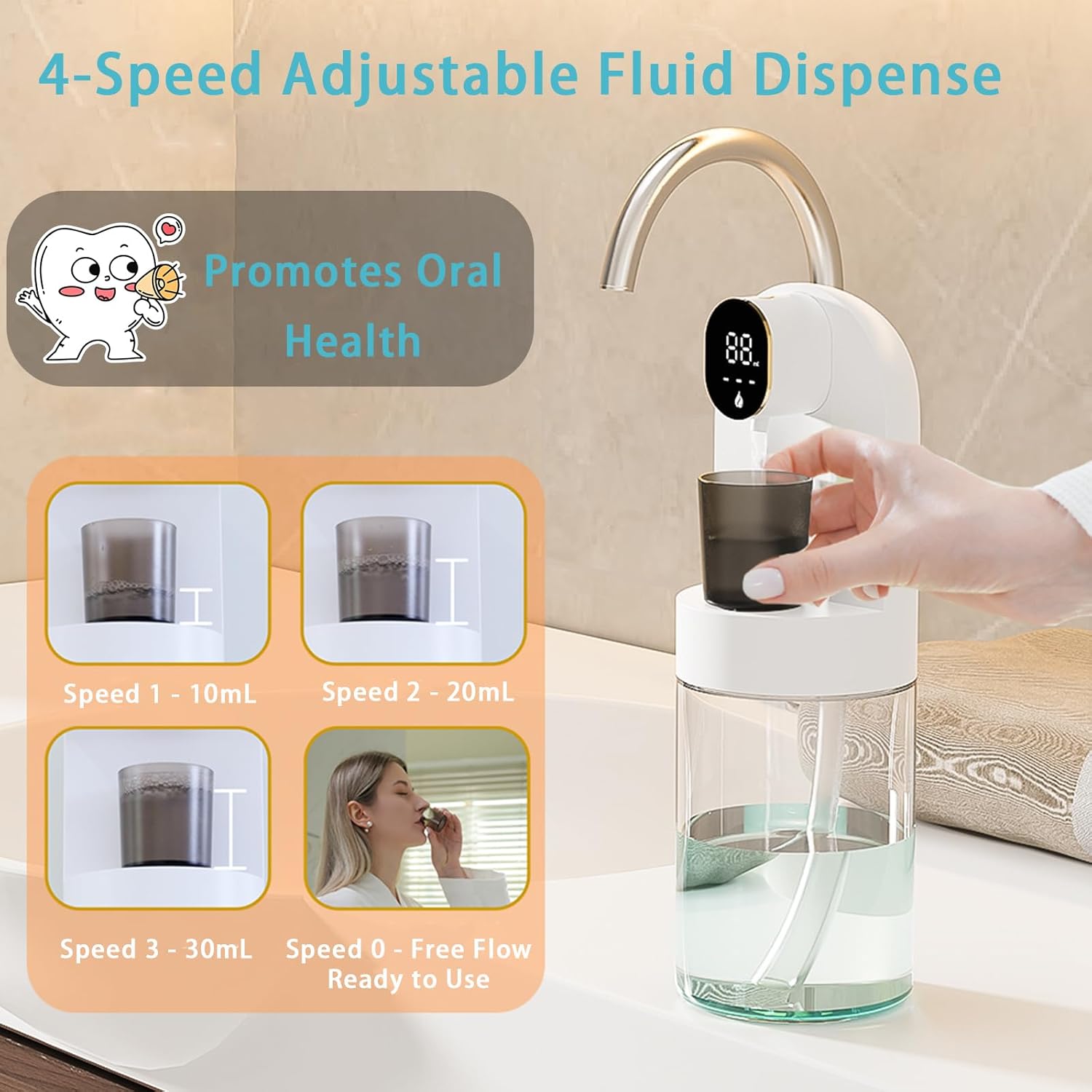 Mouthwash Dispenser, Automatic Smart Dispenser with LED Display & 4 Modes, Touch-Free Magnetic Spout, No-Drilling Wall Mounted, Large Visible Tank for Bathroom Essentials (Black) - Image 4