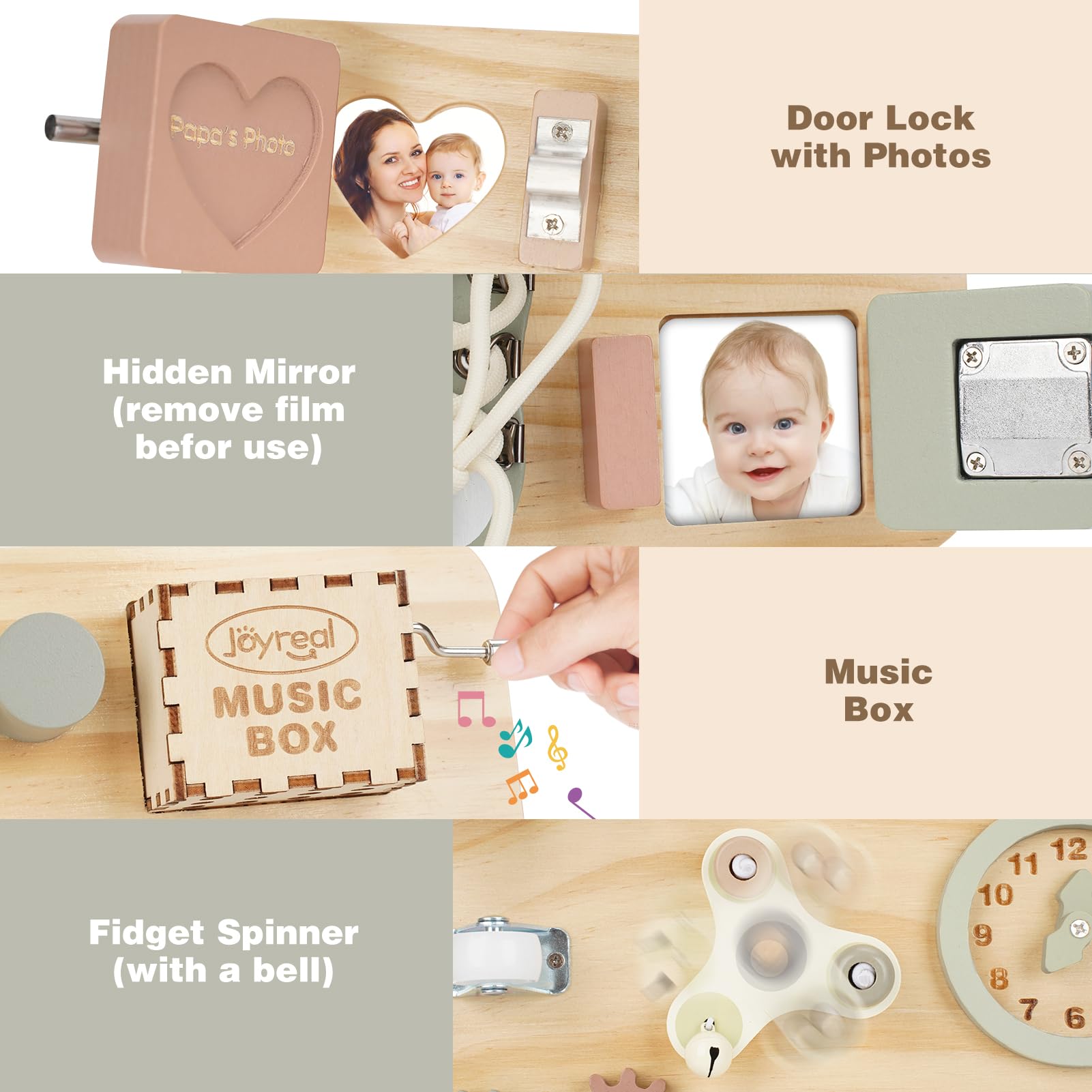 Joyreal Grande Busy Board - Pannello Sensoriale Bambini Montessori Legno Tavola Sensoriale Giochi Montessori con Carillon Specchio Neonati Giochi Educativi Regalo