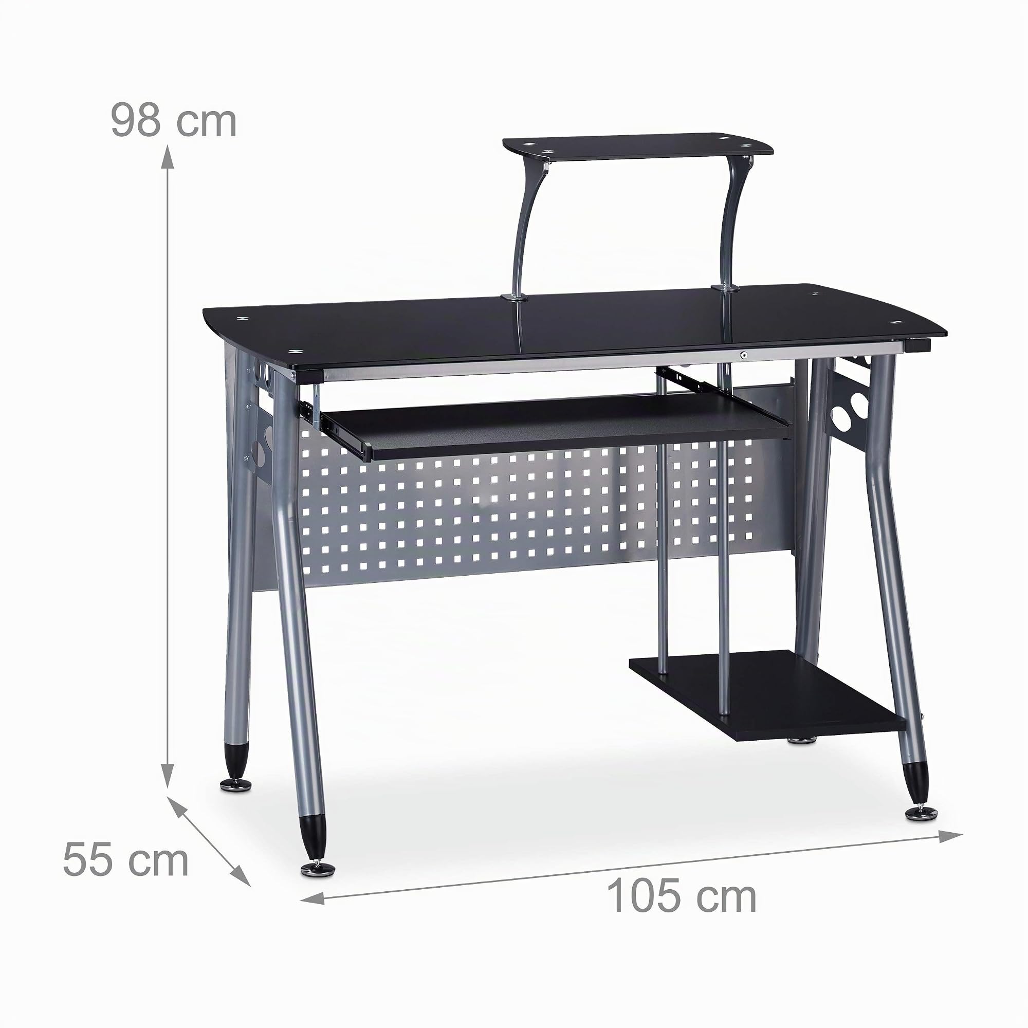 Relaxdays Tavolo in Vetro per Computer, Ripiano Tastiera & Scomparto per PC, HLP: 98x105x55 cm, Moderno, Nero
