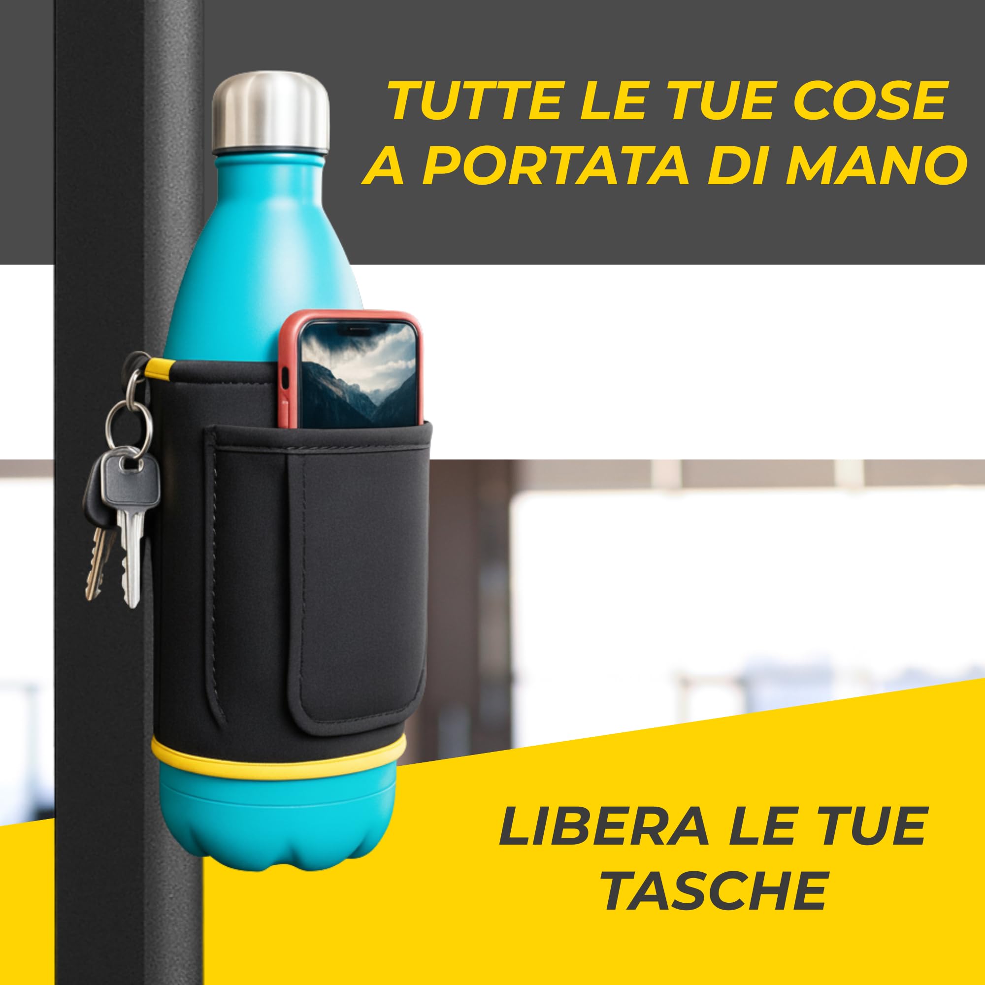 Borsa Magnetica Palestra | Borsetta Magnetica Palestra | Snapfit magnetic bag | custodia termica in neoprene per bottiglia d’acqua con tracolla e porta cellulare, compatibile con tutti i formati.