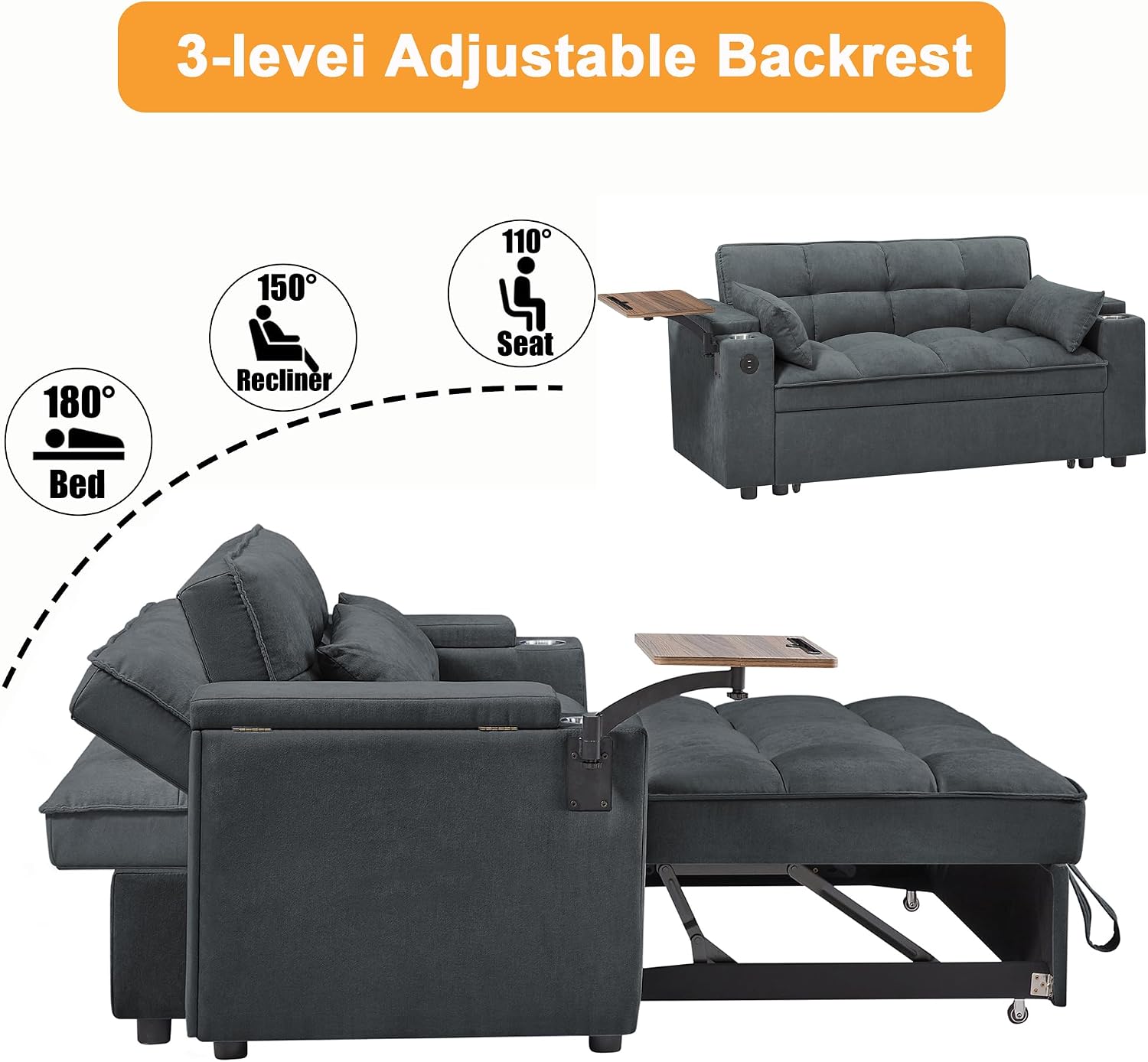 66" Sofa Bed Hidden Table Storage Charging Port Spring Mattress Solid Wood Easy Assembly