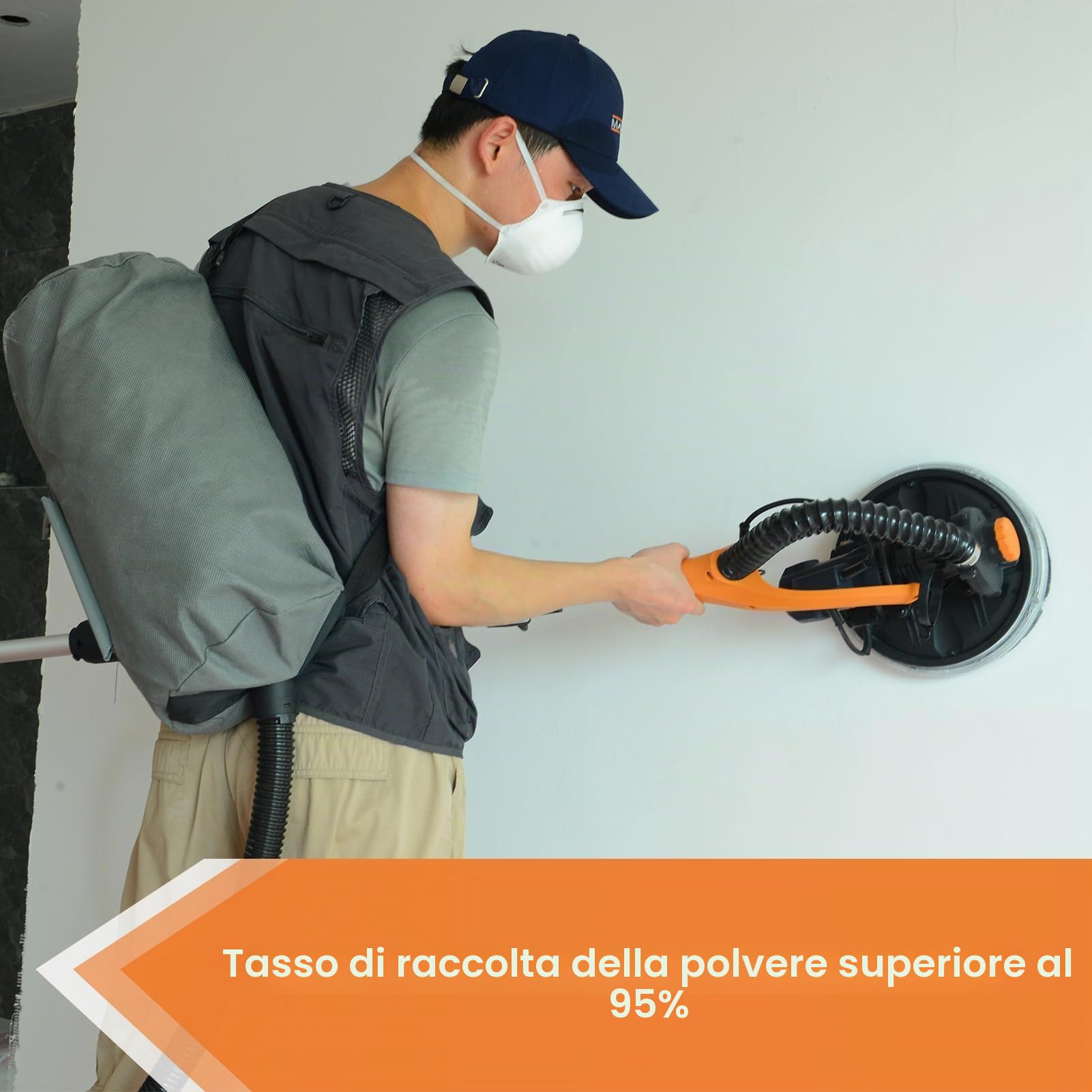 MAXXT Levigatrice per cartongesso Pieghevole Con aspirazione polvere VERO sistema di autoaspirazione Luce LED impugnatura telescopica Velocità variabile Motore 820W Sei dischi abrasivi 225mm