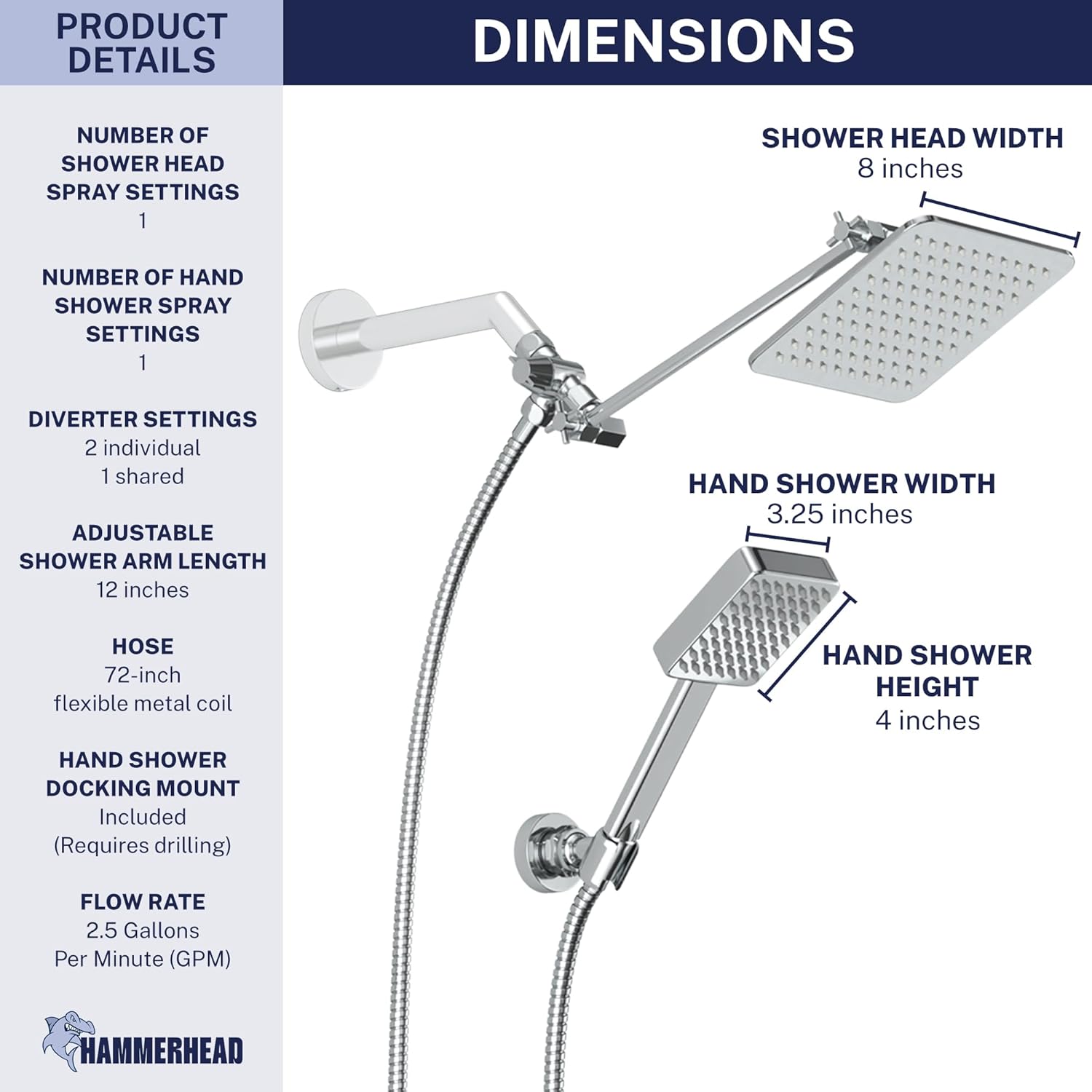 HammerHead® Solid Metal Dual Shower Head Combo — 8" Square Rain Shower Head with Handheld, 12" Adjustable Arm & Wall-Mount Holder for Flexible Installation — Chrome