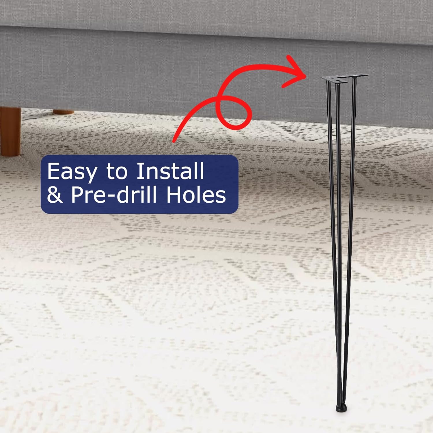 20" H Hairpin Furniture Legs, Metal Table Legs for Nightstand, Coffee Table, Desk, etc with Rubber Floor Protectors, Black 4PCS Hairpin