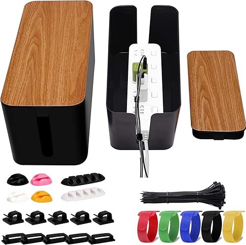 Miniatura 8 de YUANYE Paquete de 2 cajas de organización de cables con 122 clips para cables, caja organizadora de cables grande para computadora, enrutador,