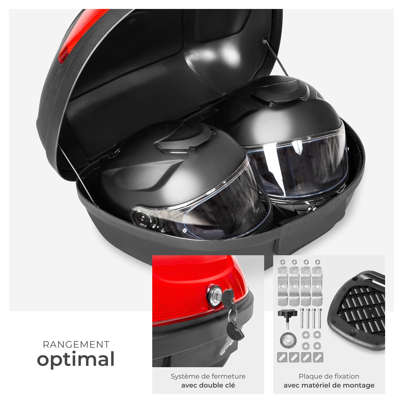 tectake® Top Case Universel XXL pour Moto Scooter Quad Buggy Mobylette avec Kit de Fixation et 2 Clés de sécurité, Réflecteur extralarge, 48L, Casque Moto ou Casque Scooter, Coffre Quad