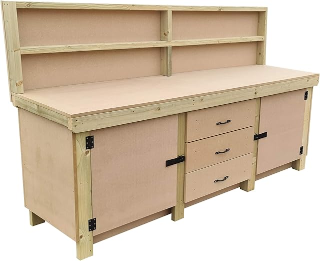 Wooden Workbench With Drawers and Double Lockable Cupboard and Back Panel - MDF 18mm Surface (7ft)