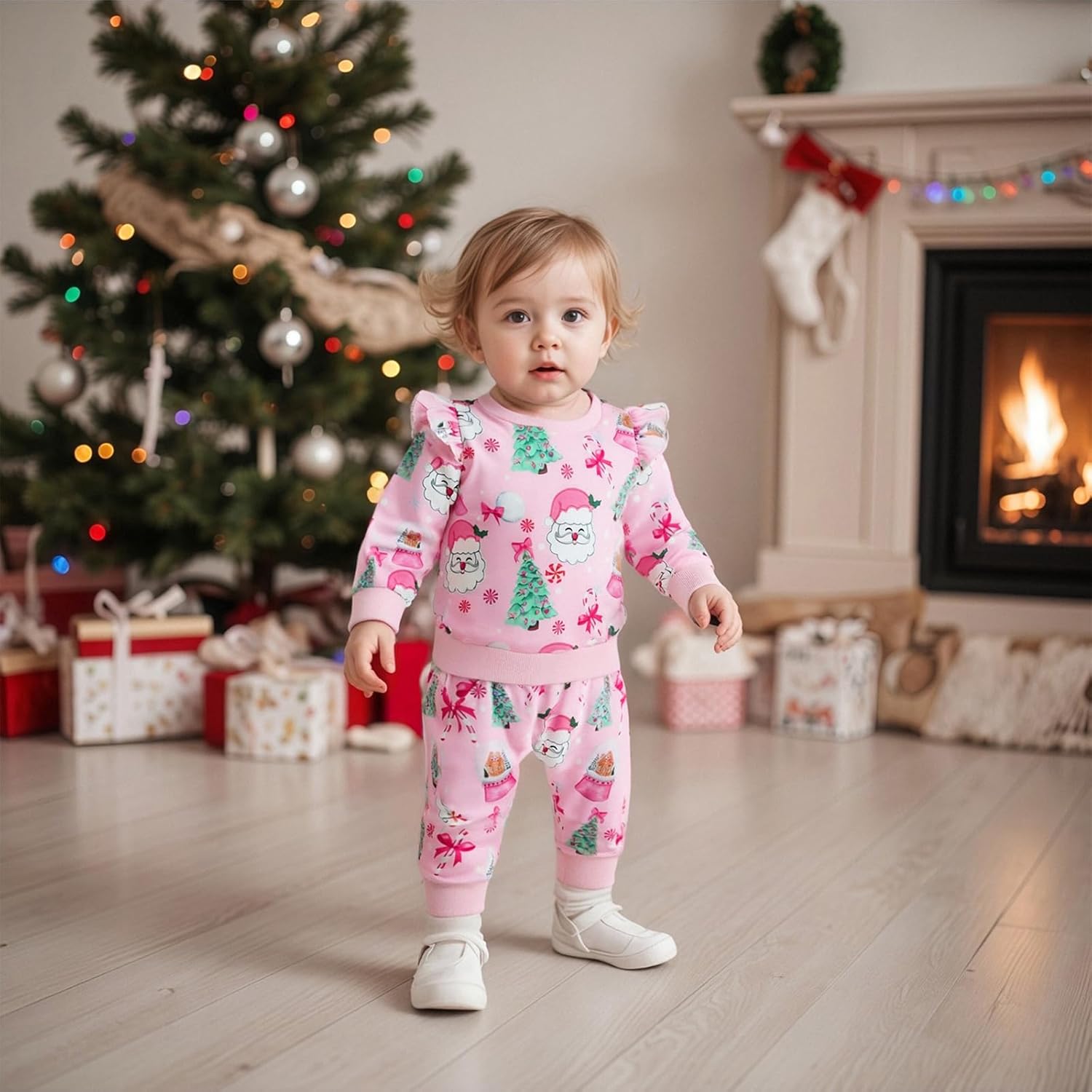 Toddler Girl Christmas Outfit My 1st Christmas Baby Girl Santa Print Long Sleeve Top Long Pants Toddler Set - Image 2