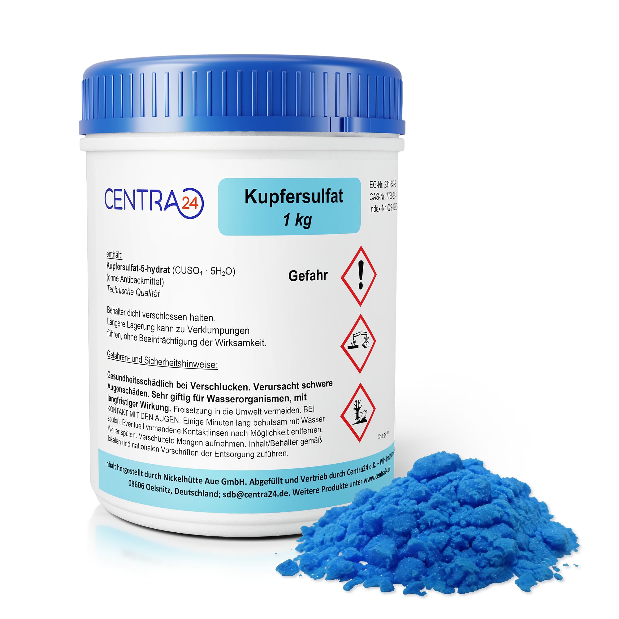 Kupfersulfat 1kg in Dose von Centra24, Made in GERMANY, ohne Antibackmittel, Kupfervitriol, Kupfer-II-sulfat-5-hydrat, CUSO4 5H2O, Kristallzucht, Blaustein, Verkupfern,