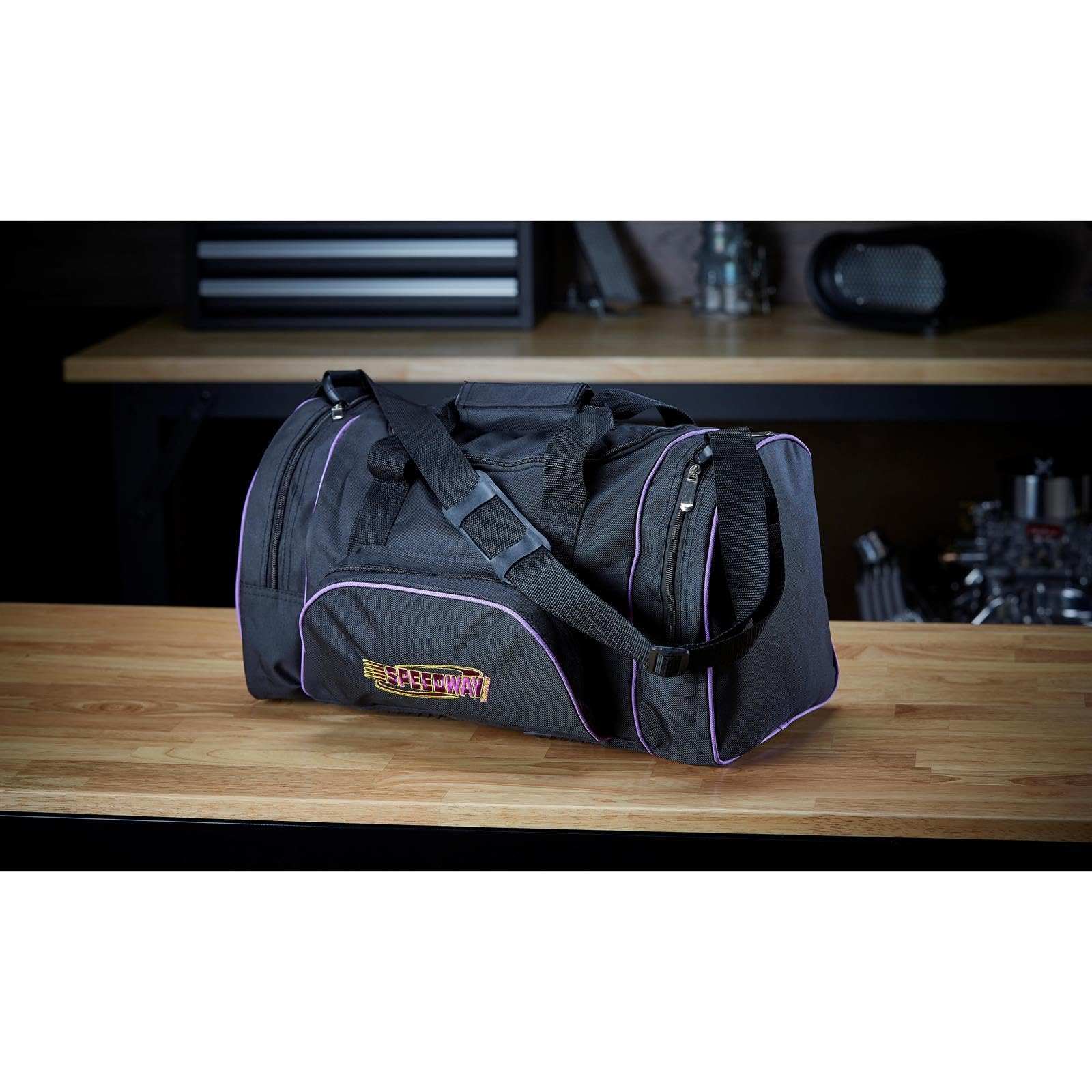 Speedway Motors Nylon Small Pit Bag - Durable 600 Denier with Embroidered Logo, Detachable Padded Shoulder Straps, Quick-Release Buckles, Easy-Grip Handles, Zippered Pockets, 17