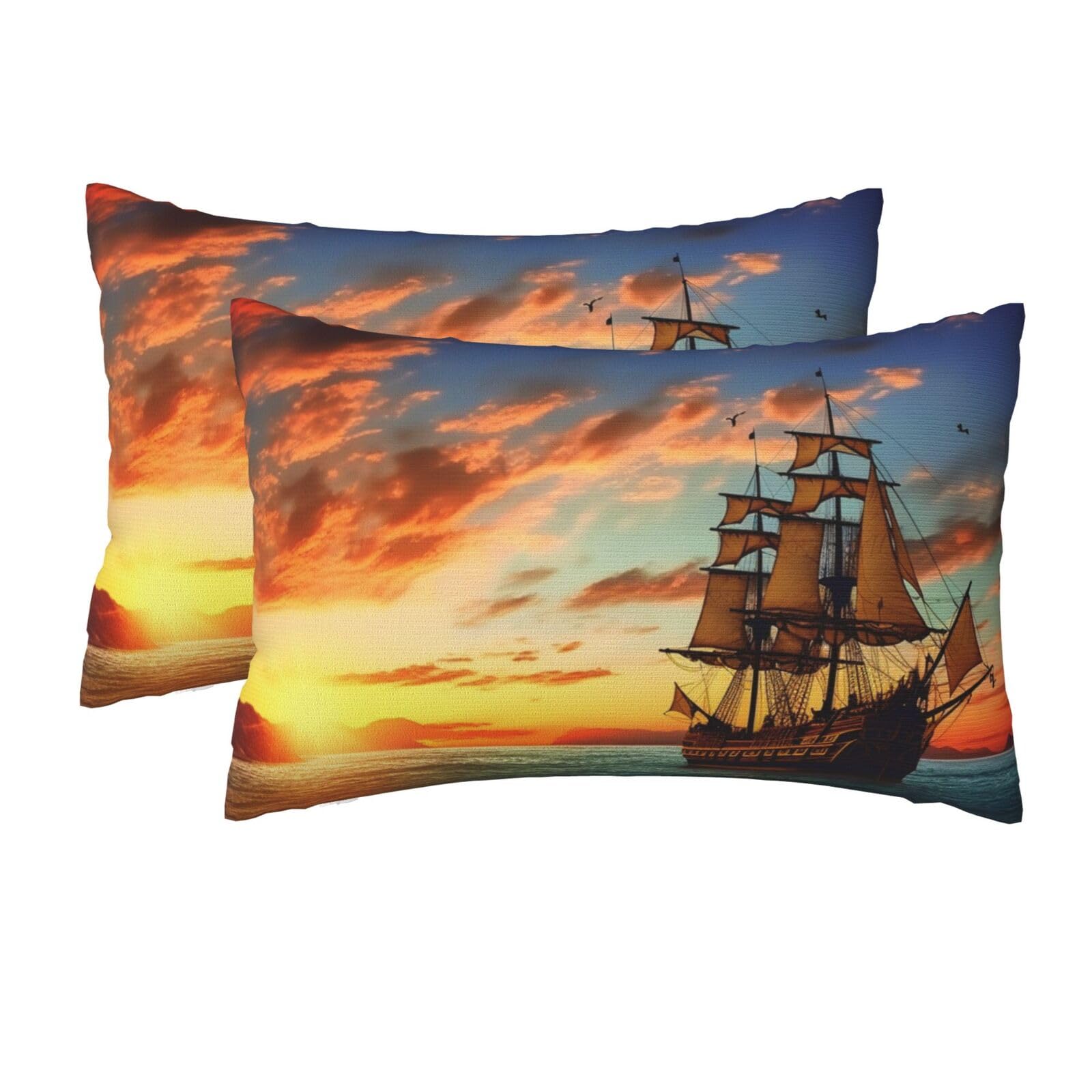 2 Pack Queen Pillow Cases with Hidden Zipper, Soft Breathable Pillow Covers for Hair and Skin, Pirate Ship in The Sunset Pillowcases 20"x30" Bed Pillow Protectors Cover for Sleeping Gifts