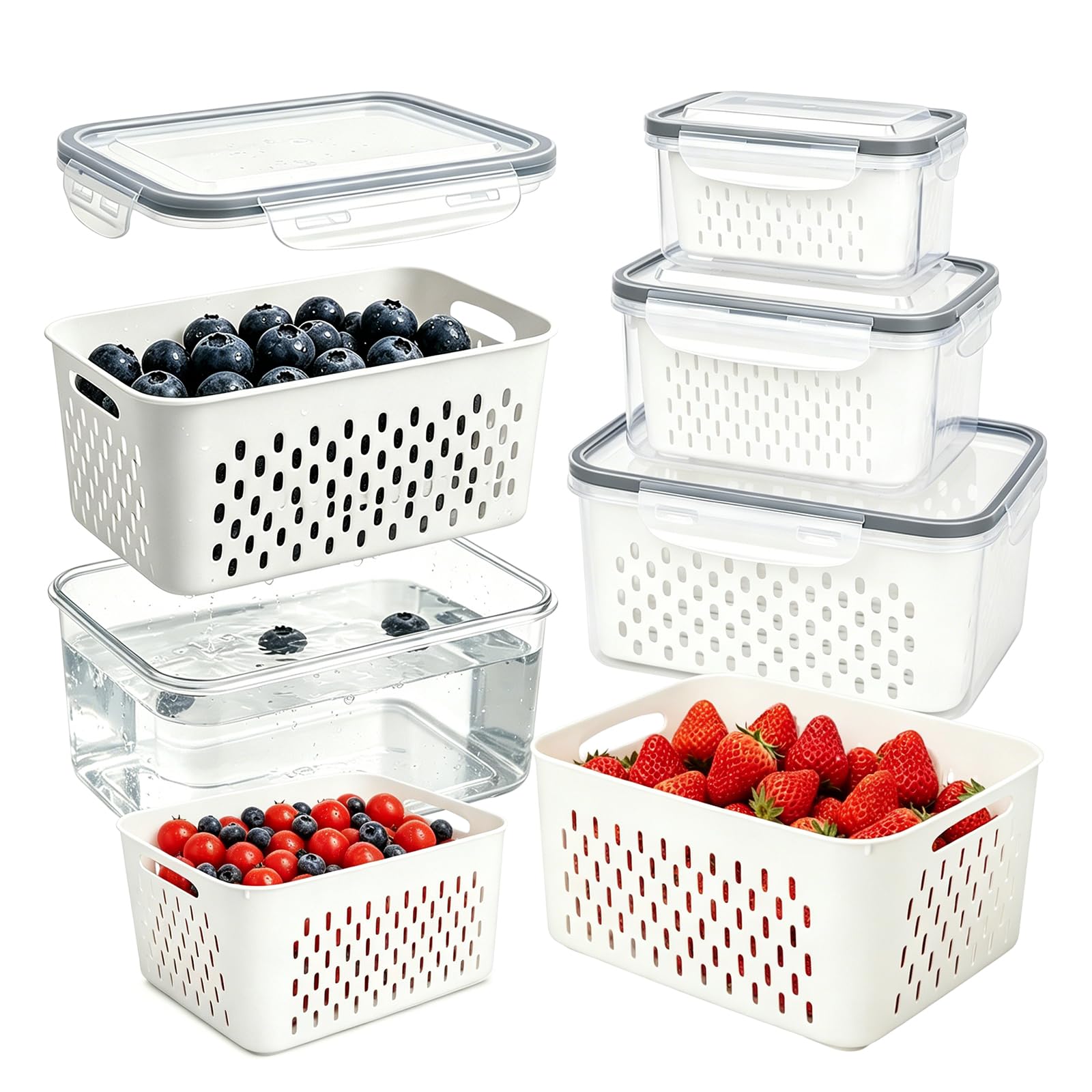 Fiacvrs 2 Pack Fruit Storage Containers for Fridge, Stackable Food Storage Containers with Removable Colander, Refrigerator Organizer with Drain Baskets Lids- Keeping Food Fresh Longer (S+M+L, Gray) — image 1