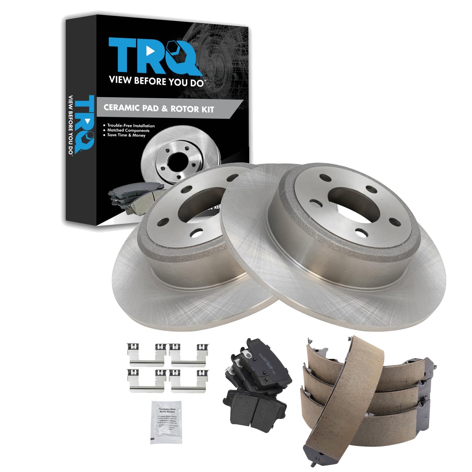 TRQ Rear Brake Pad and Rotor Set Ceramic Solid Rotors Parking Shoe Compatible with 2005-2021 Chrysler 300 2009-2021 Challenger 2006-2021 Charger 2005-2008 Magnum