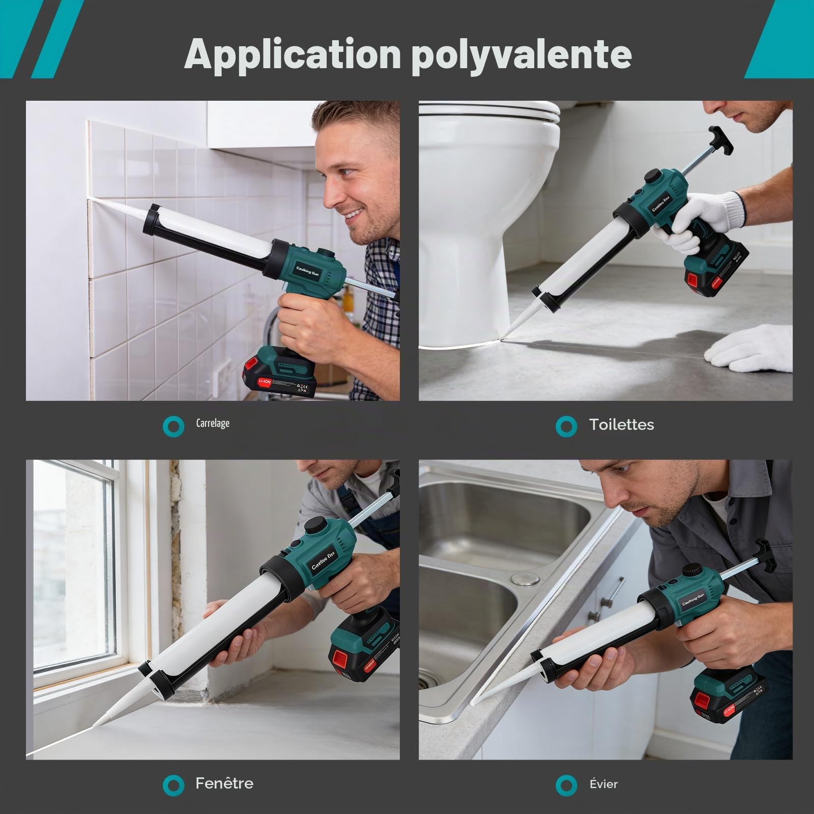 Pistolet à Silicone Électrique avec 2 x 2000 mAh Batterie, Pistolet à Cartouche sans Fil de 300 ml, Lumière LED, Compatible avec Ma@kita Batteries 18V pour l’Étanchéité, le Masticage