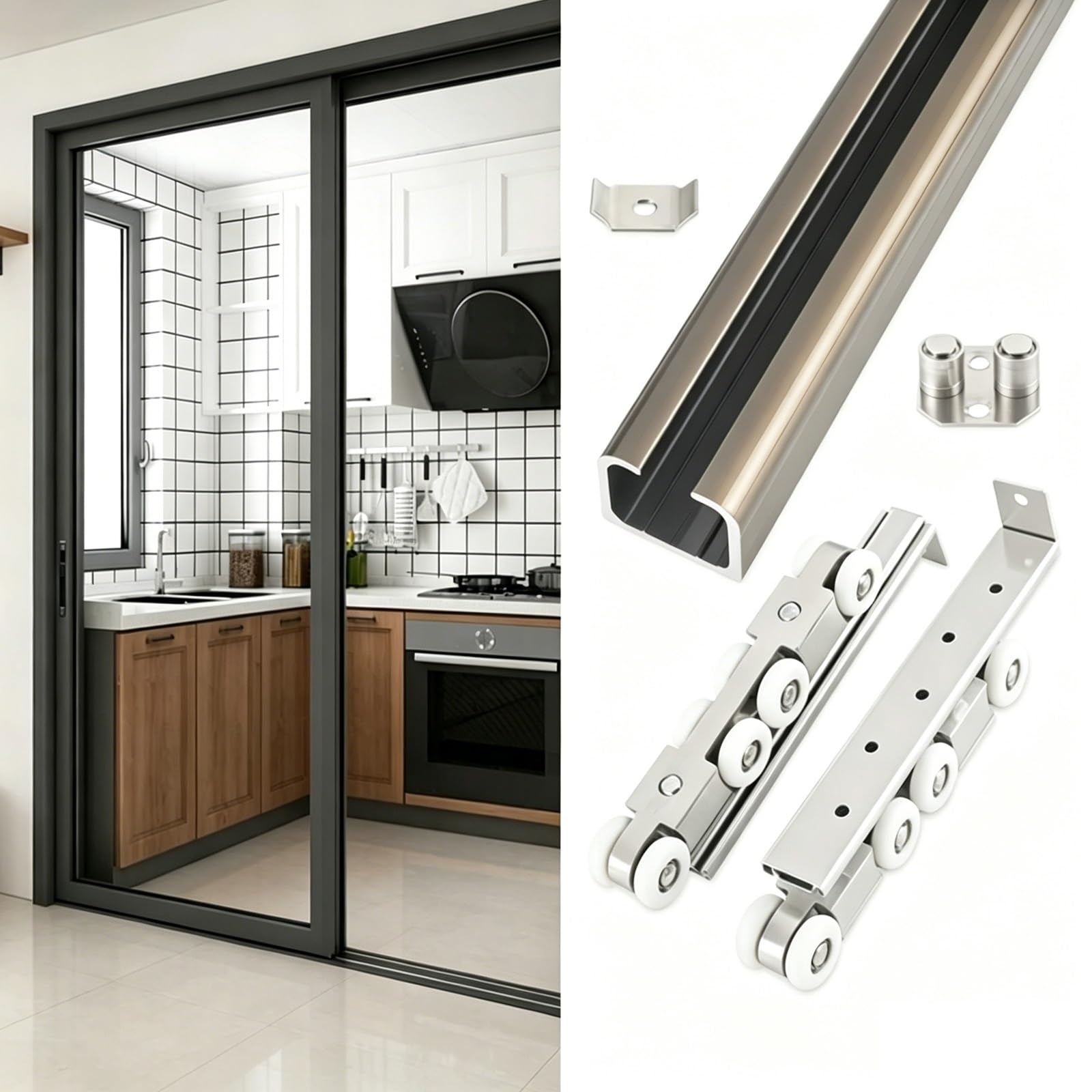 Srnsaeb Brown Customizable Pocket Door Sliding Hardware System, Aluminum Barn Door Track Kit Exterior Indoor Living Room Bedroom Office, Bypass Closet Door Track Kit Box Rail(,240Cm/94.5In)