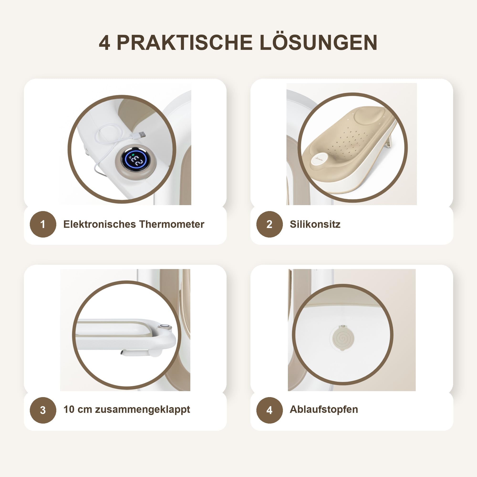 Primabobo LUX Bade-Set für Babys mit Faltbarer Babybadewanne, Elektronischem Thermometer, Badesitz und Gestell, Komplettes Babybad Set für Neugeborene, Beige