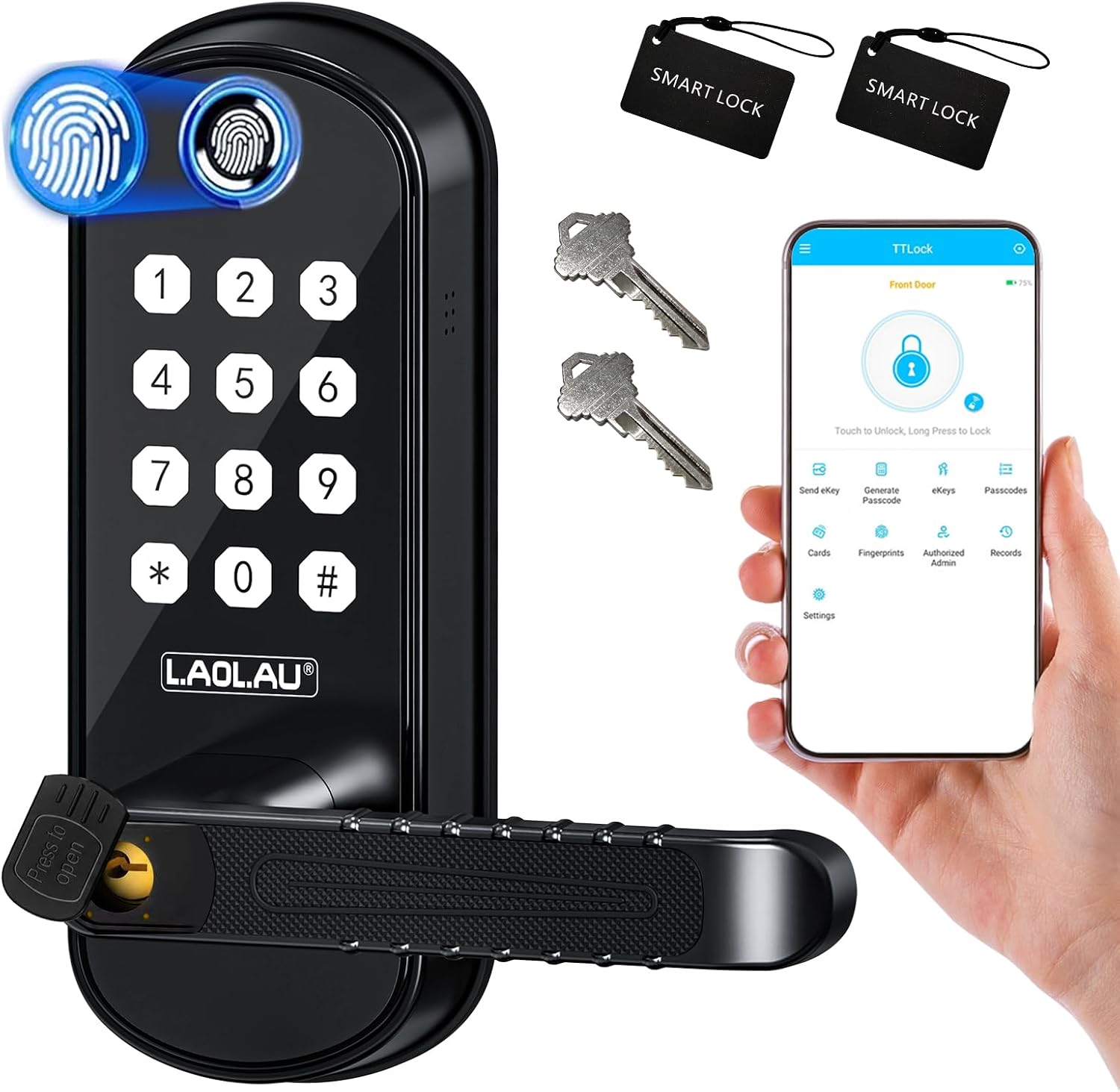 Smart Fingerprint Door Lock, 6-in-1 Keyless Entry, App Control, Auto Lock | Backlit Keypad Door Lock with Handle, Anti-Peep Password, 15-Min Install Alexa & Google Compatible for Front Doors & Bedrooms