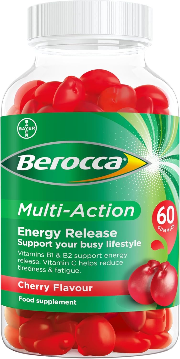 Berocca Multi-Action Multivitamin Gummies – Including Vitamin D, C, A, B-Complex (B1, B2, B3, B6, B7 & B12), E – Supplement for Women, Men and Kids – 60 Gummies – Cherry Flavour