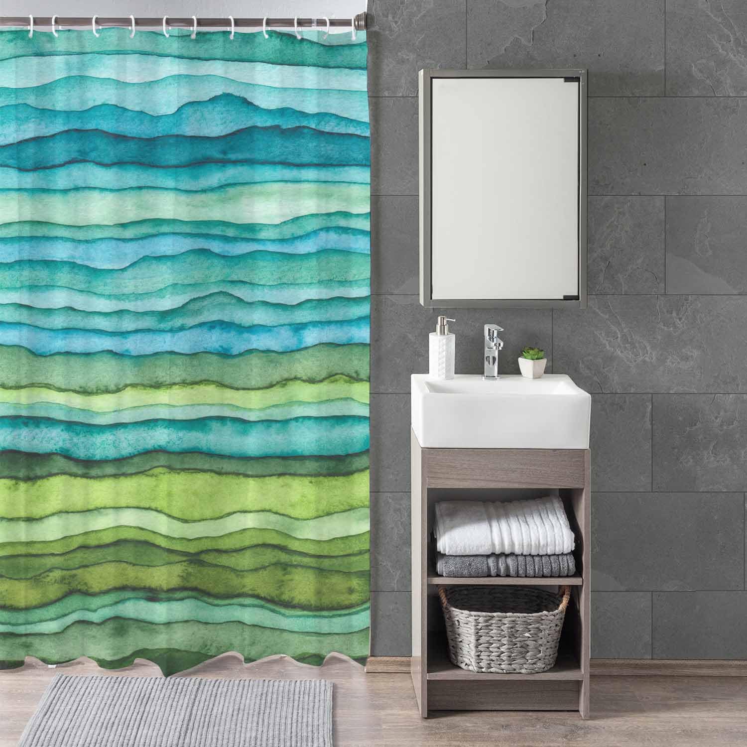 Woutay Shower Curtain Mould Proof Resistant Green Watercolor Painting,Water Repellant Fabric,Polyester,Size 180x180CM - Image 3