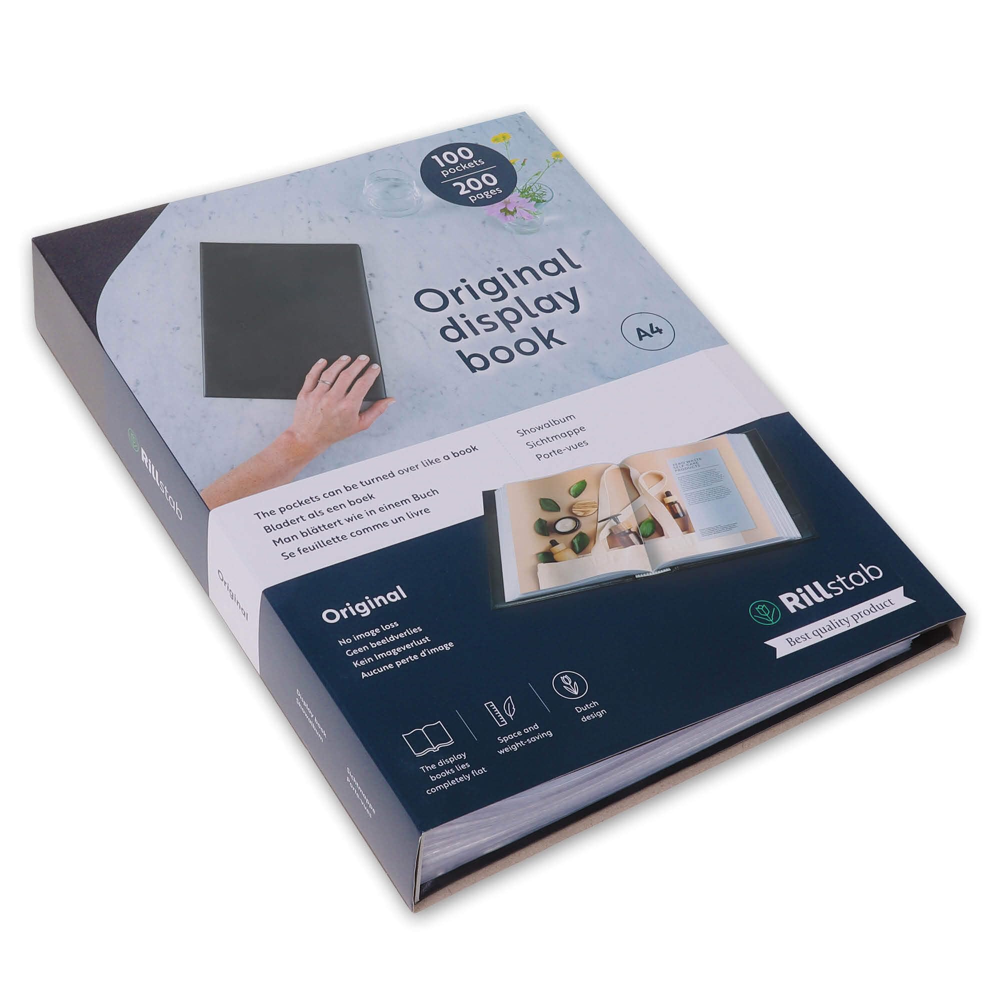original A4 Präsentationsmappe für Schule & Projekt - Sichtbuch & Präsentationsbuch - 100 Transparente Hüllen - Dokumente Organisieren ohne Lochen- Schwarz, RI99494 | Patentierte Präsentationsmappe mit flach liegendem Mechanismus für Schule, Büro, Musik,