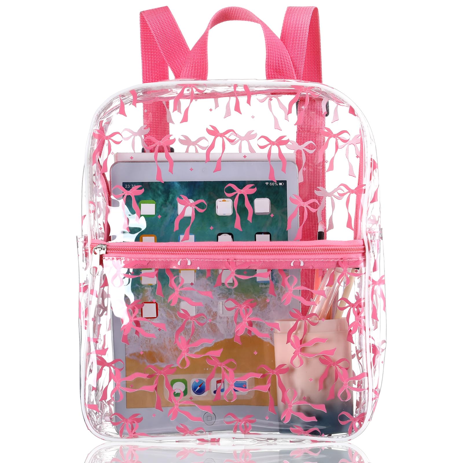 Aliceset Coquette Pink Bow Backpack Stadium Approved 12x6x12 Small Water Proof Pink Clear Backpack for Back to School Girl Women Stadium Events Concert Work Sport Event Travel