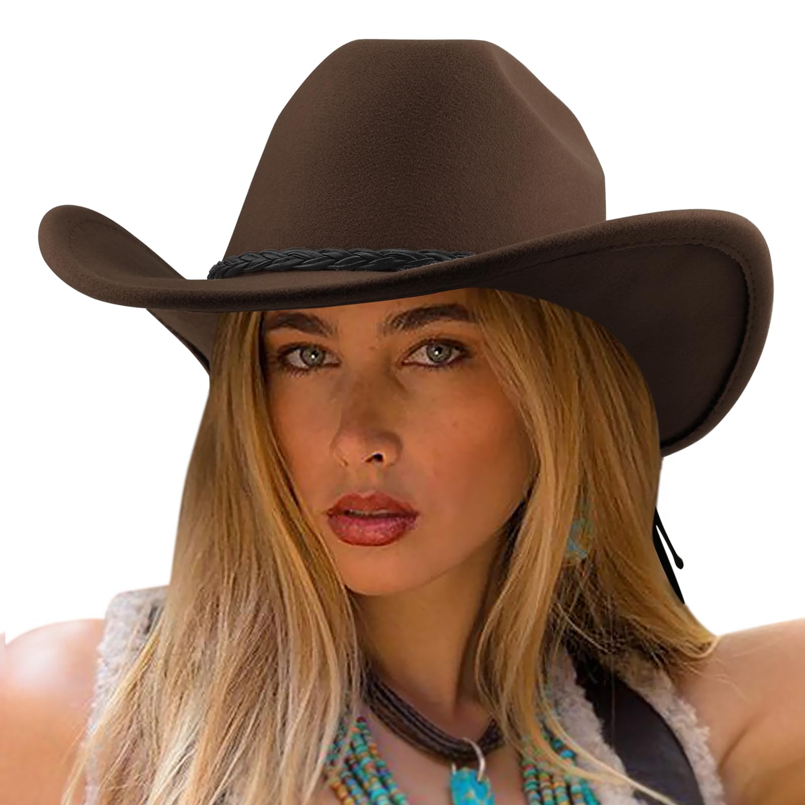 DRESHOW Cowboy Hat for Men Women Classic Western Wide Brim Roll Up Fedora Cowgirl Outback Hat with Strap
