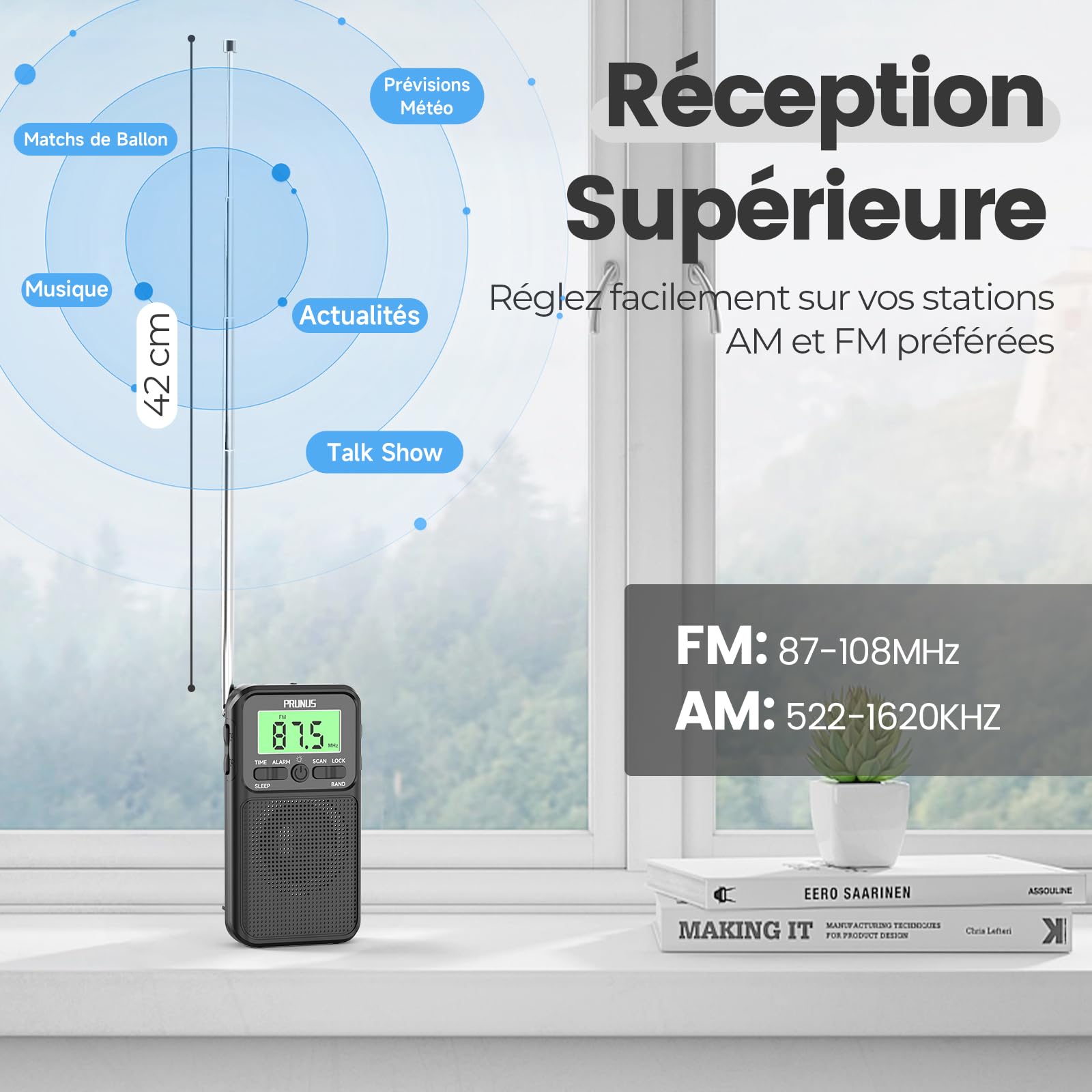 PRUNUS J-128 Radio Portable FM/AM, Réveil, Minuterie de Sommeil, Mini Radio de Poche, Design Anti-Contact, Piles 2xAA